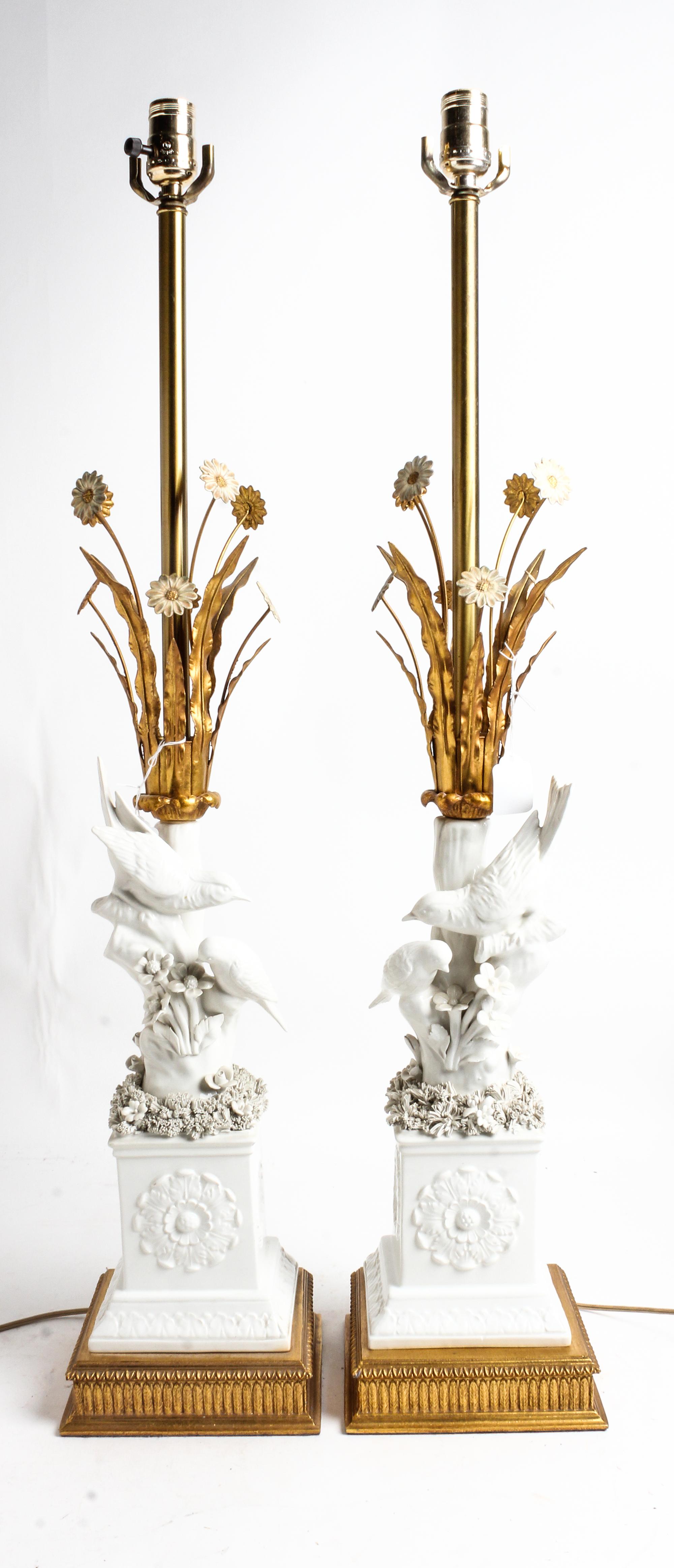A Pair of Continental Blanc de Chine Lamps Height of porcelain 14 1/4 inches. — 20TH CENTURY