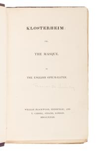 DE QUINCEY, Thomas (1785-1859. Klosterheim or, The Masque. Edinburgh & London: William Blackwood & T. Cadell, 1832