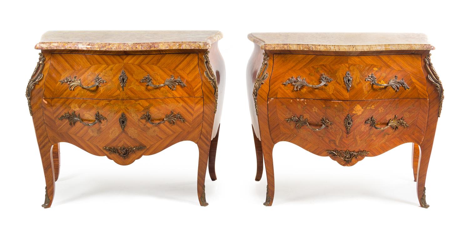 A Pair of Louis XV Style Marquetry Commodes Height 31 x width 36 1/2 x depth 18 inches. — CIRCA 1920