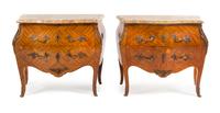 A Pair of Louis XV Style Marquetry Commodes Height 31 x width 36 1/2 x depth 18 inches. — CIRCA 1920
