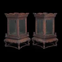 A pair of Chinese carved hardwood lanterns or small vitrines 硬木灯笼一对