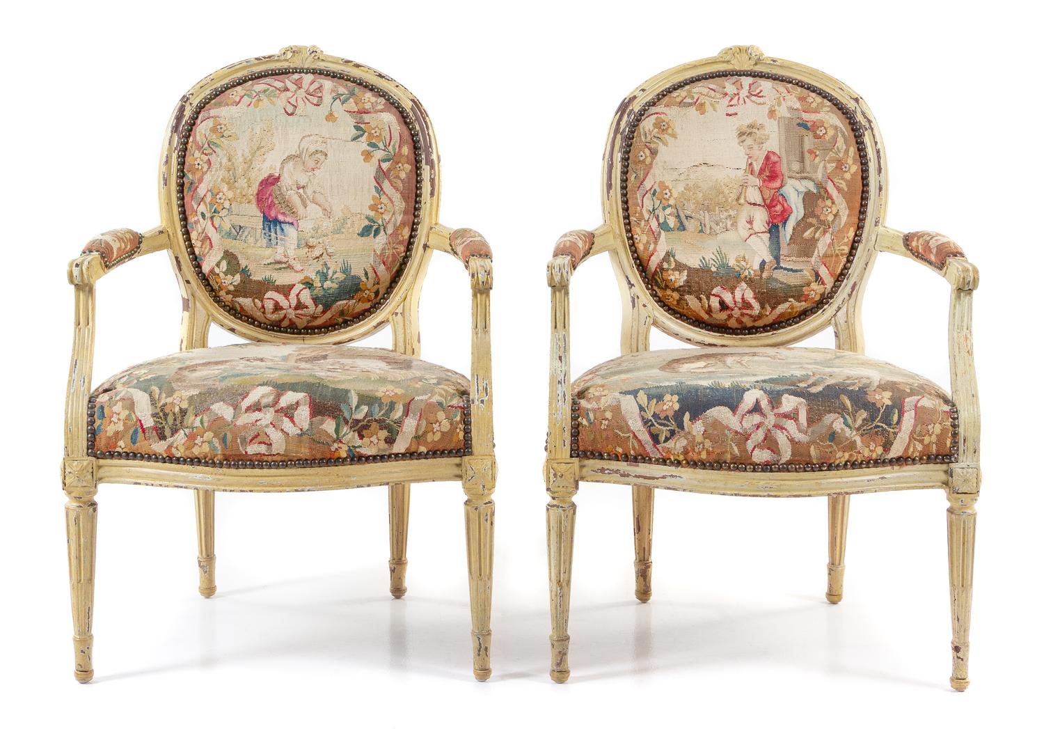 A Pair of Louis XVI Painted Fauteuils Height 36 1/2 inches. — 18TH CENTURY