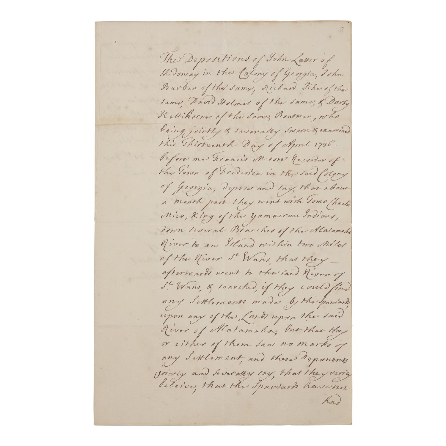 [Georgia] [Moore, Francis] Manuscript Document by the Secretary of James Oglethorpe, Founder of the Colony of Georgia