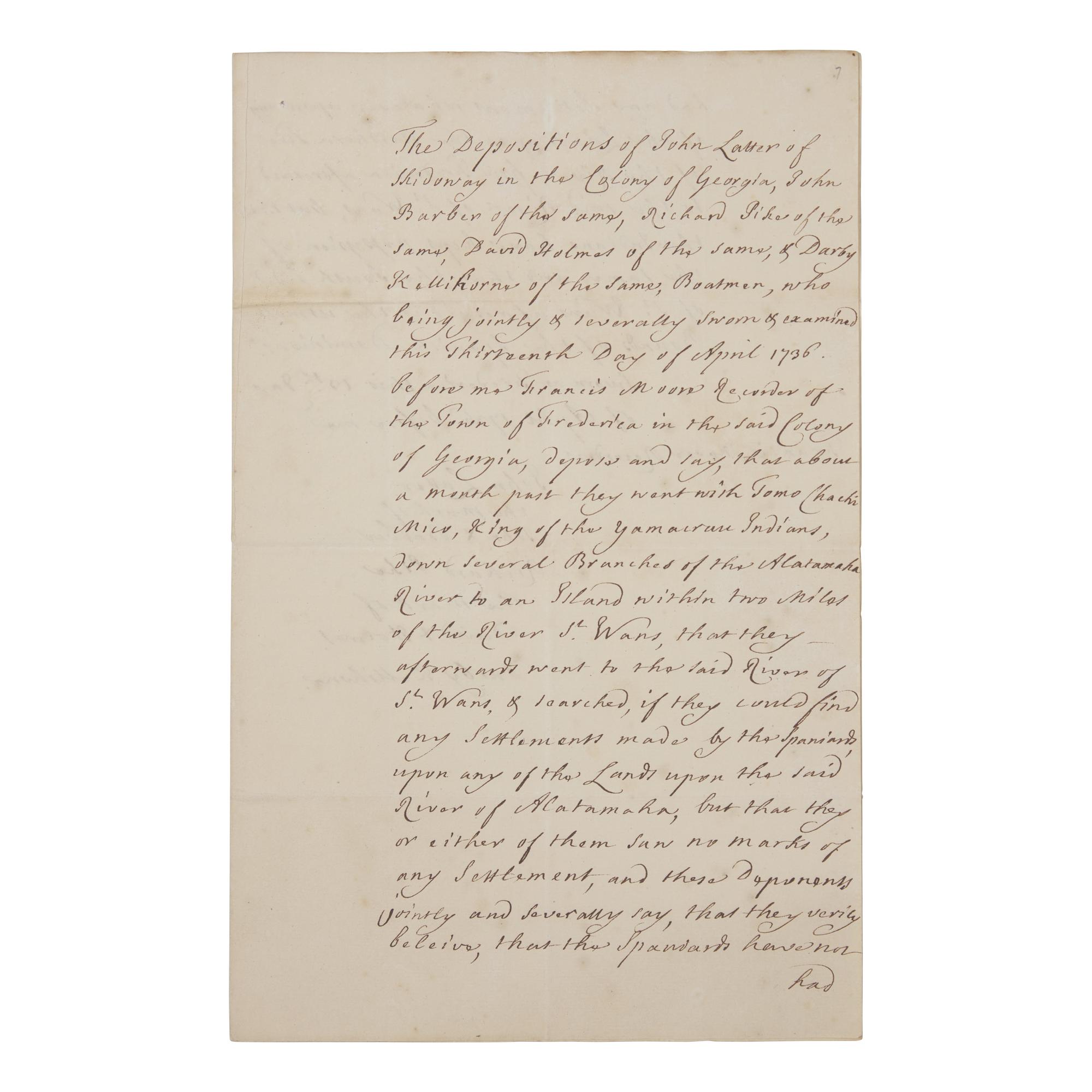 [Georgia] [Moore, Francis] Manuscript Document by the Secretary of James Oglethorpe, Founder of the Colony of Georgia