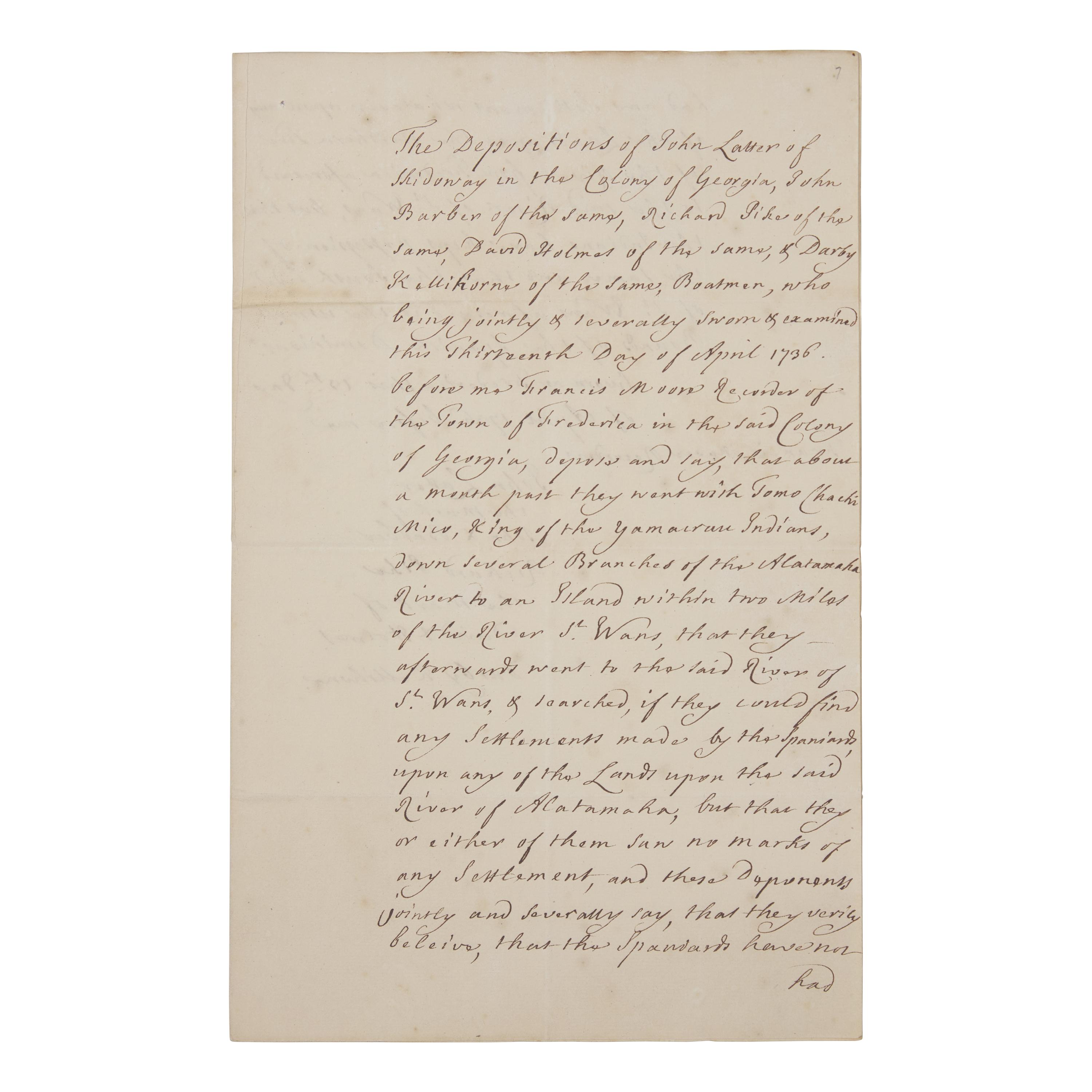 [Georgia] [Moore, Francis] Manuscript Document by the Secretary of James Oglethorpe, Founder of the Colony of Georgia