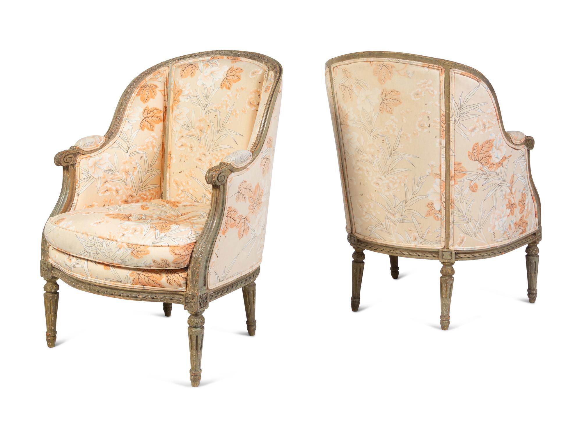 A Pair of Louis XVI Style Gray-Painted Bergères