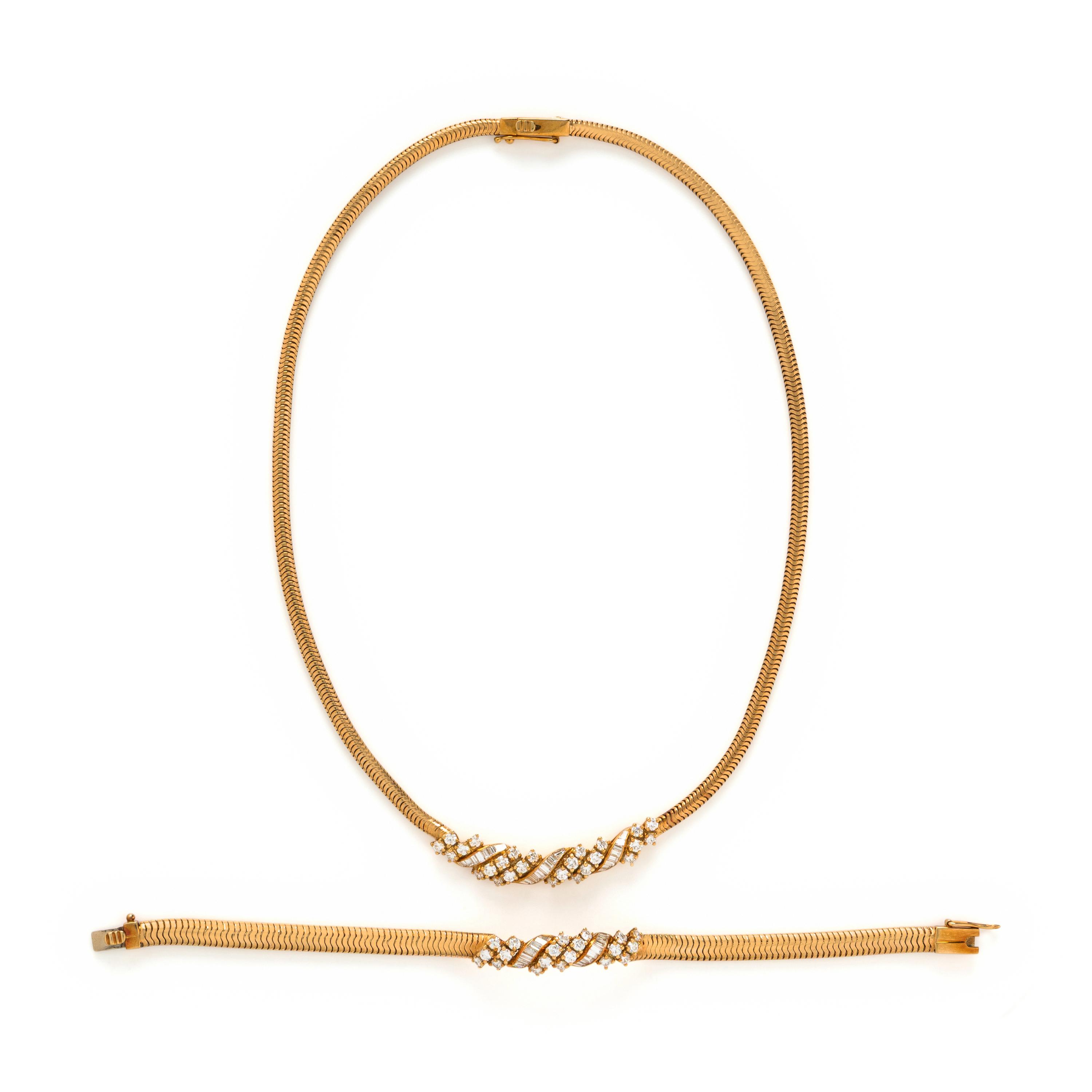 Yellow Gold and Diamond Necklace and Bracelet