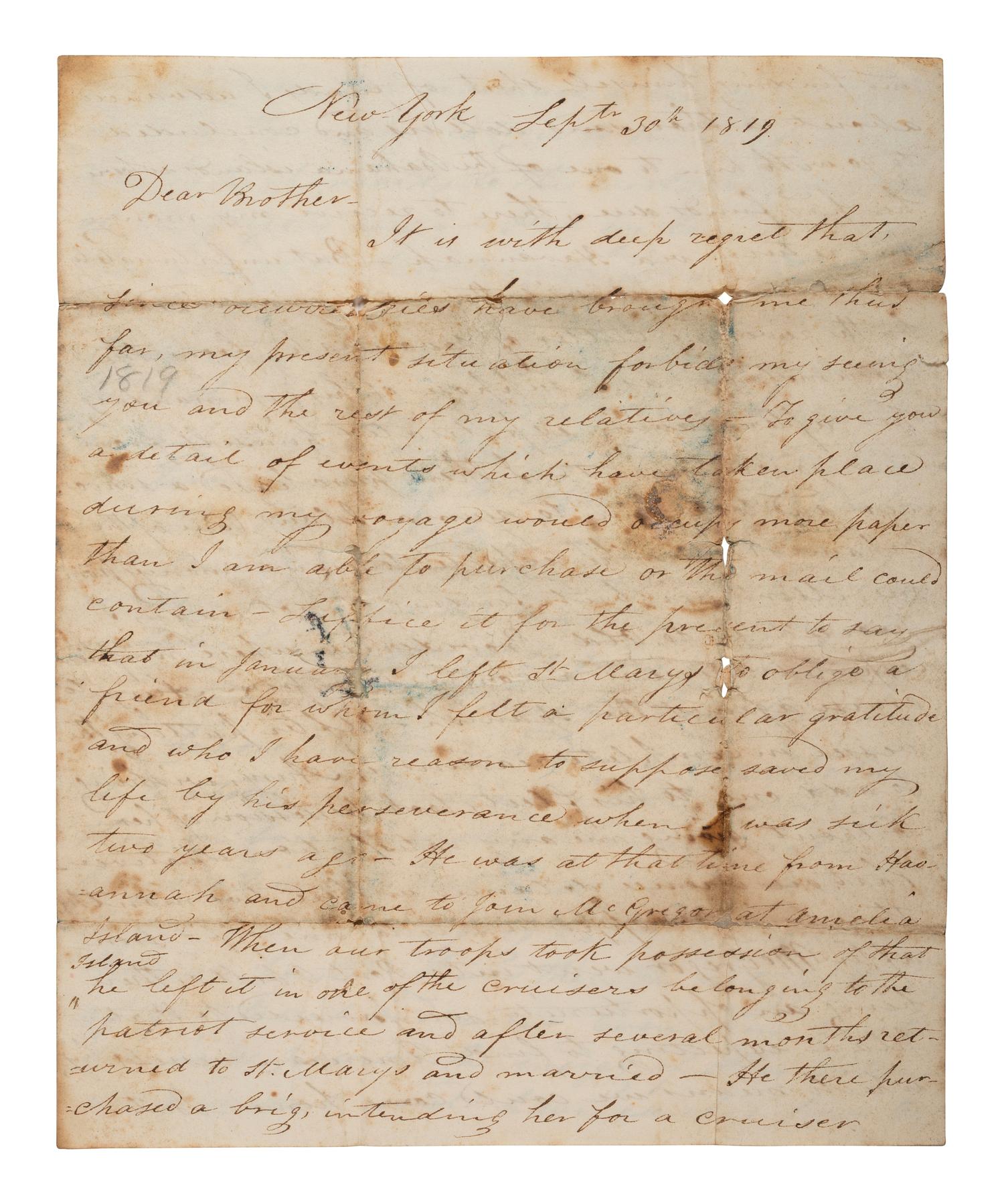 [REPUBLIC OF THE FLORIDAS] -- [FILIBUSTERS]. Letter regarding General Gregor MacGregor, the French privateer Louis-Michel Aury, and filibustering expeditions against Spanish territory. New York, [NY], 30 September 1819.