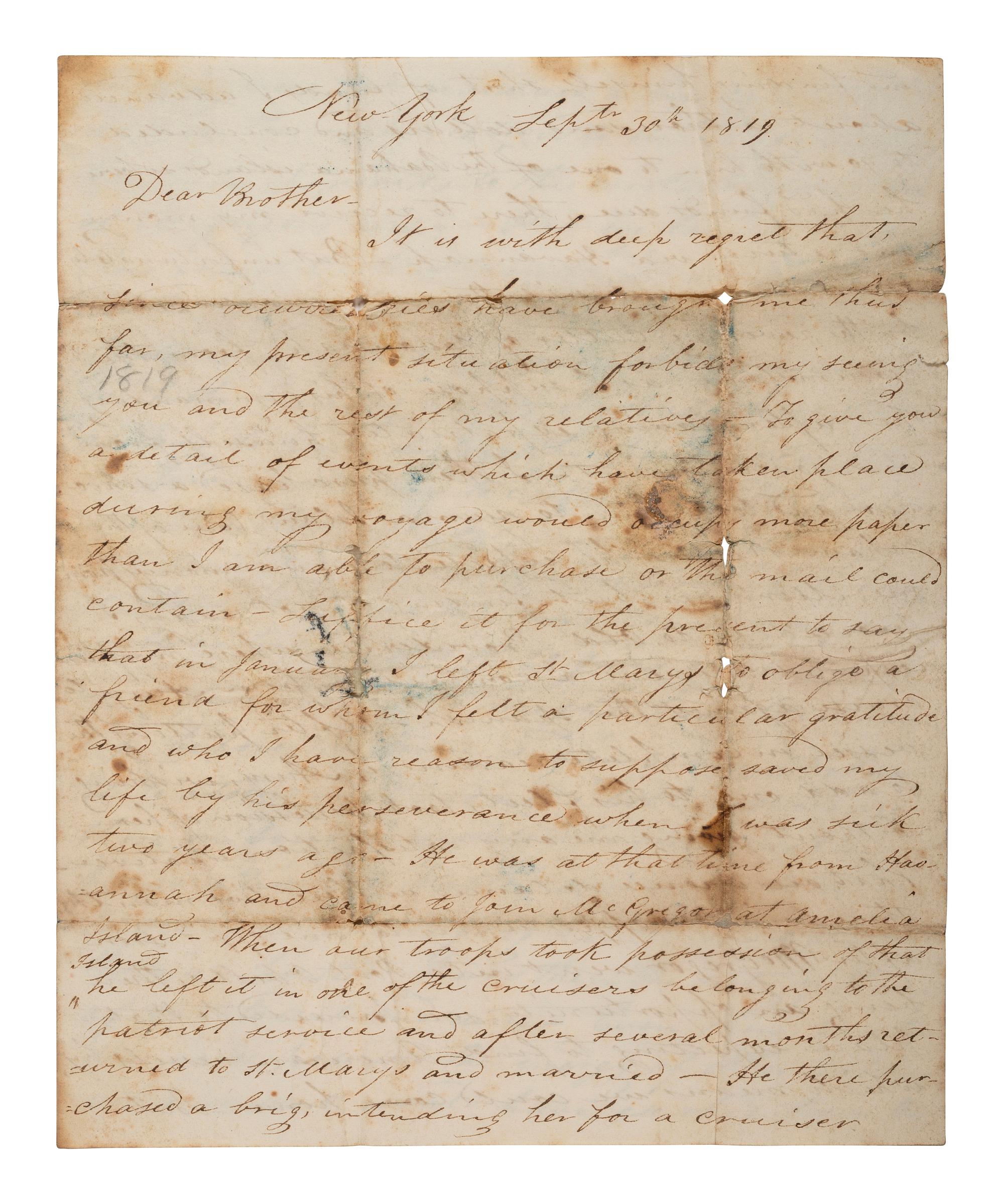 [REPUBLIC OF THE FLORIDAS] -- [FILIBUSTERS]. Letter regarding General Gregor MacGregor, the French privateer Louis-Michel Aury, and filibustering expeditions against Spanish territory. New York, [NY], 30 September 1819.
