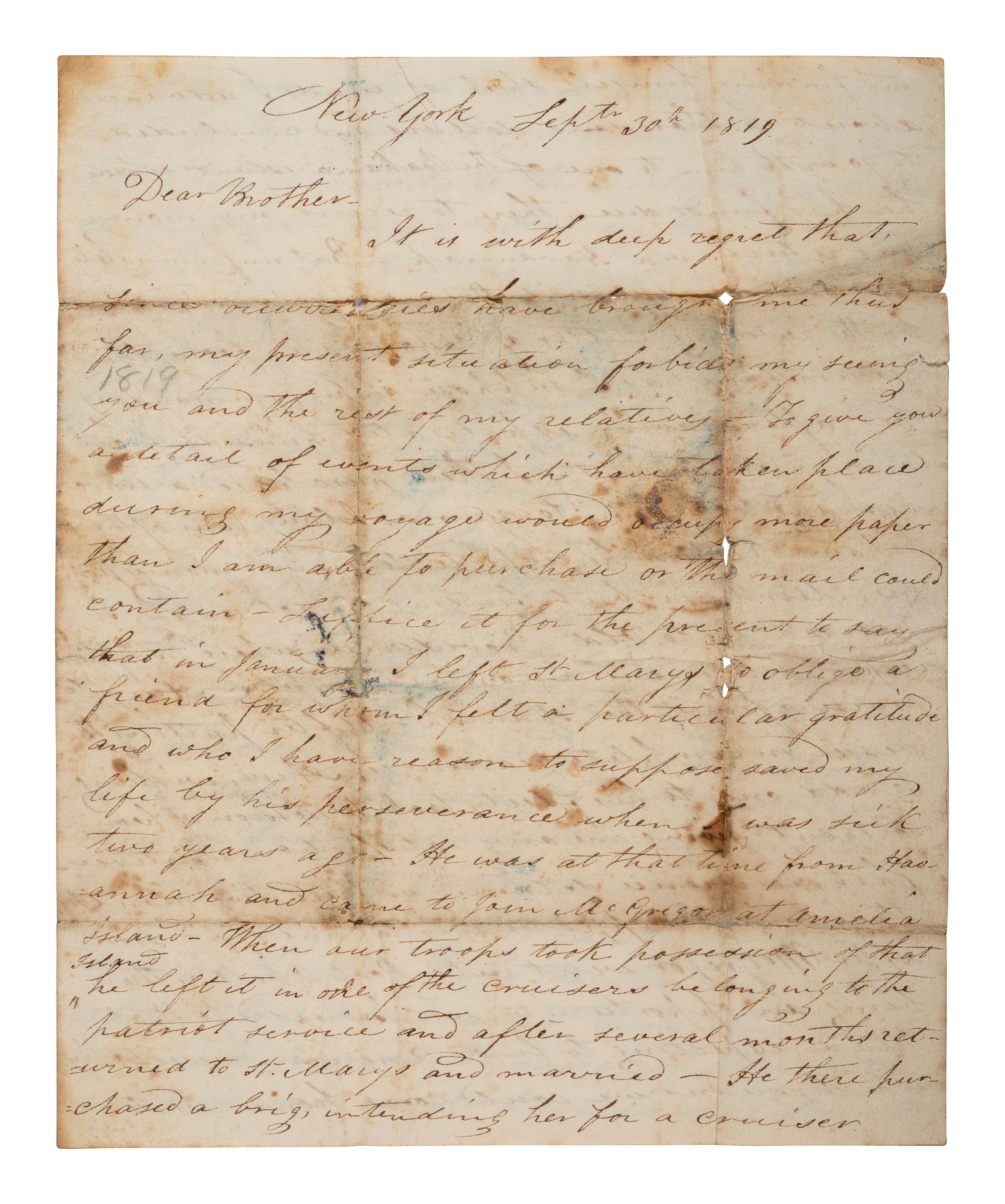 [REPUBLIC OF THE FLORIDAS] -- [FILIBUSTERS]. Letter regarding General Gregor MacGregor, the French privateer Louis-Michel Aury, and filibustering expeditions against Spanish territory. New York, [NY], 30 September 1819.