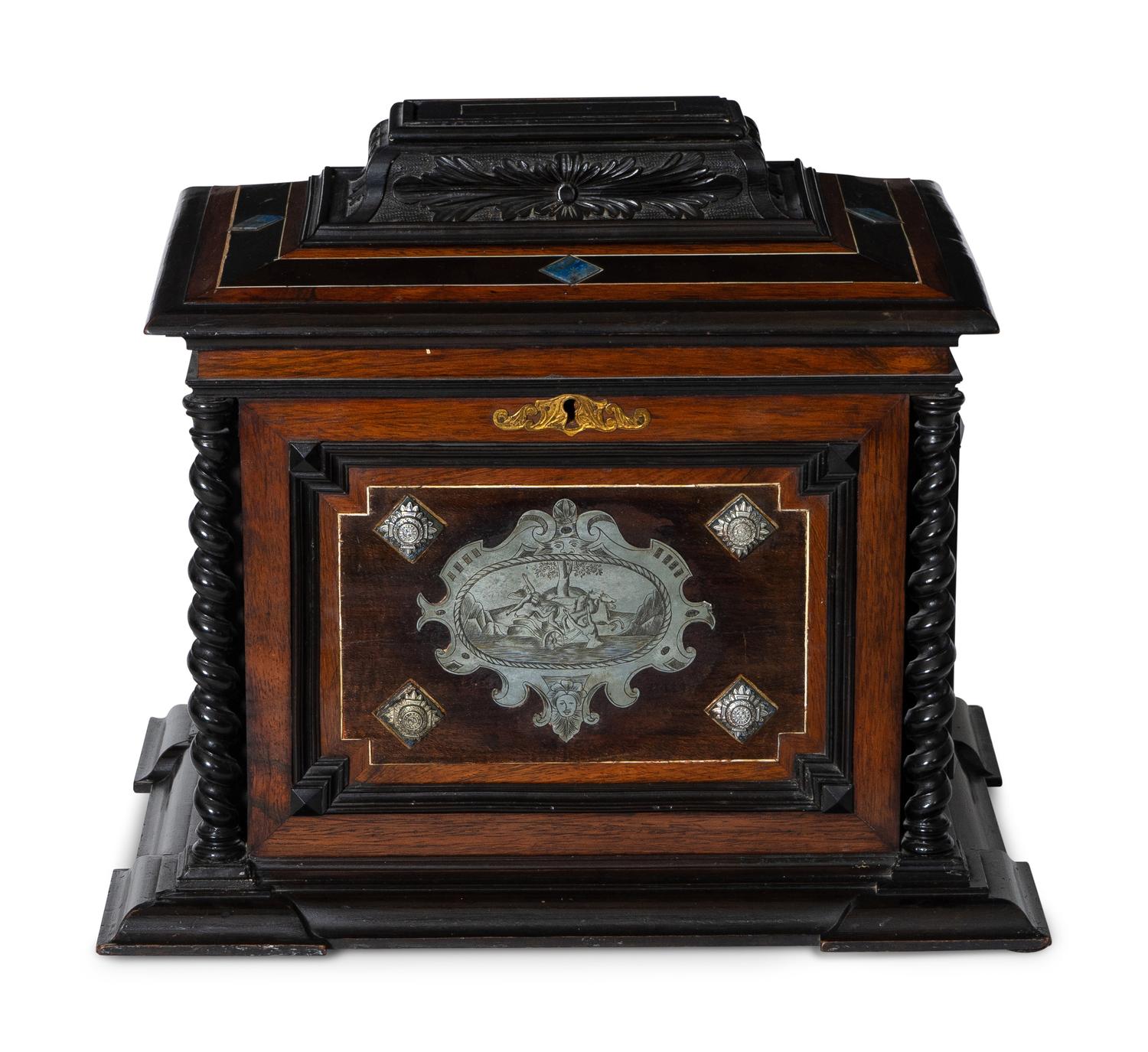 An Italian Walnut, Silvered-Metal-Mounted and Lapis Lazuli Inlaid Coffer in the Manner of Pietro Piffetti