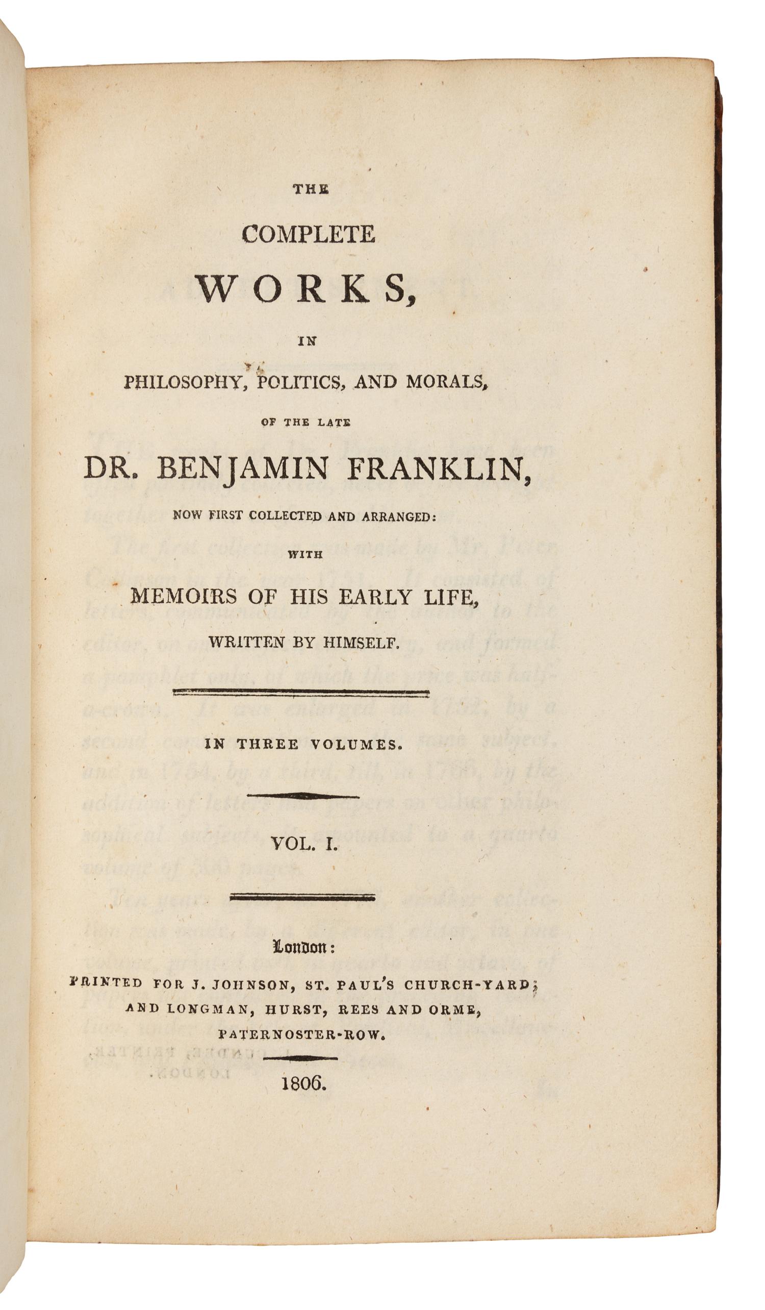 Franklin, Benjamin (1706-1790). Works. London: J. Johnson and Longman, Hurst, Rees and Orme, 1806.