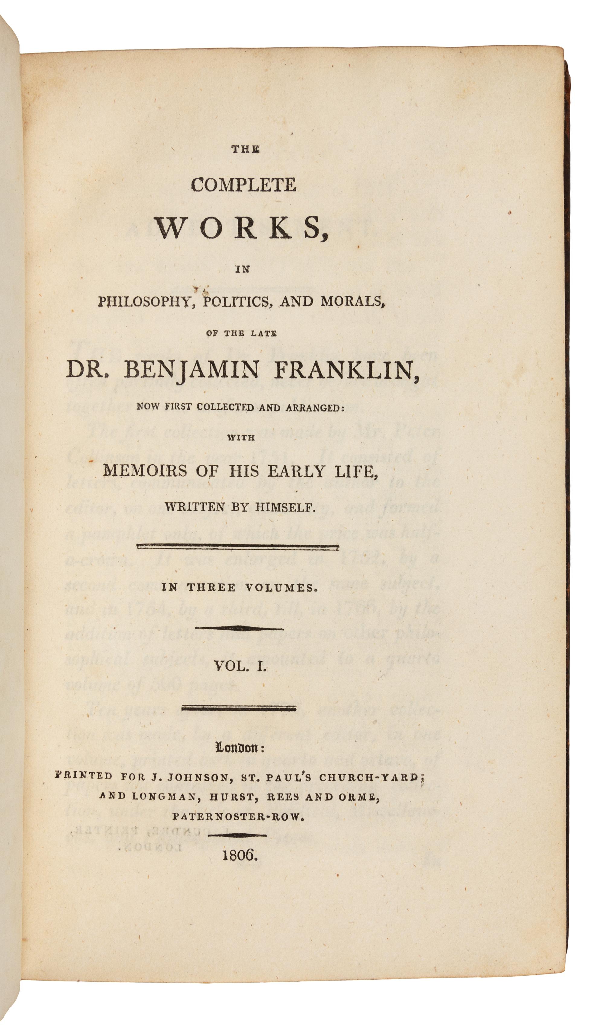 Franklin, Benjamin (1706-1790). Works. London: J. Johnson and Longman, Hurst, Rees and Orme, 1806.