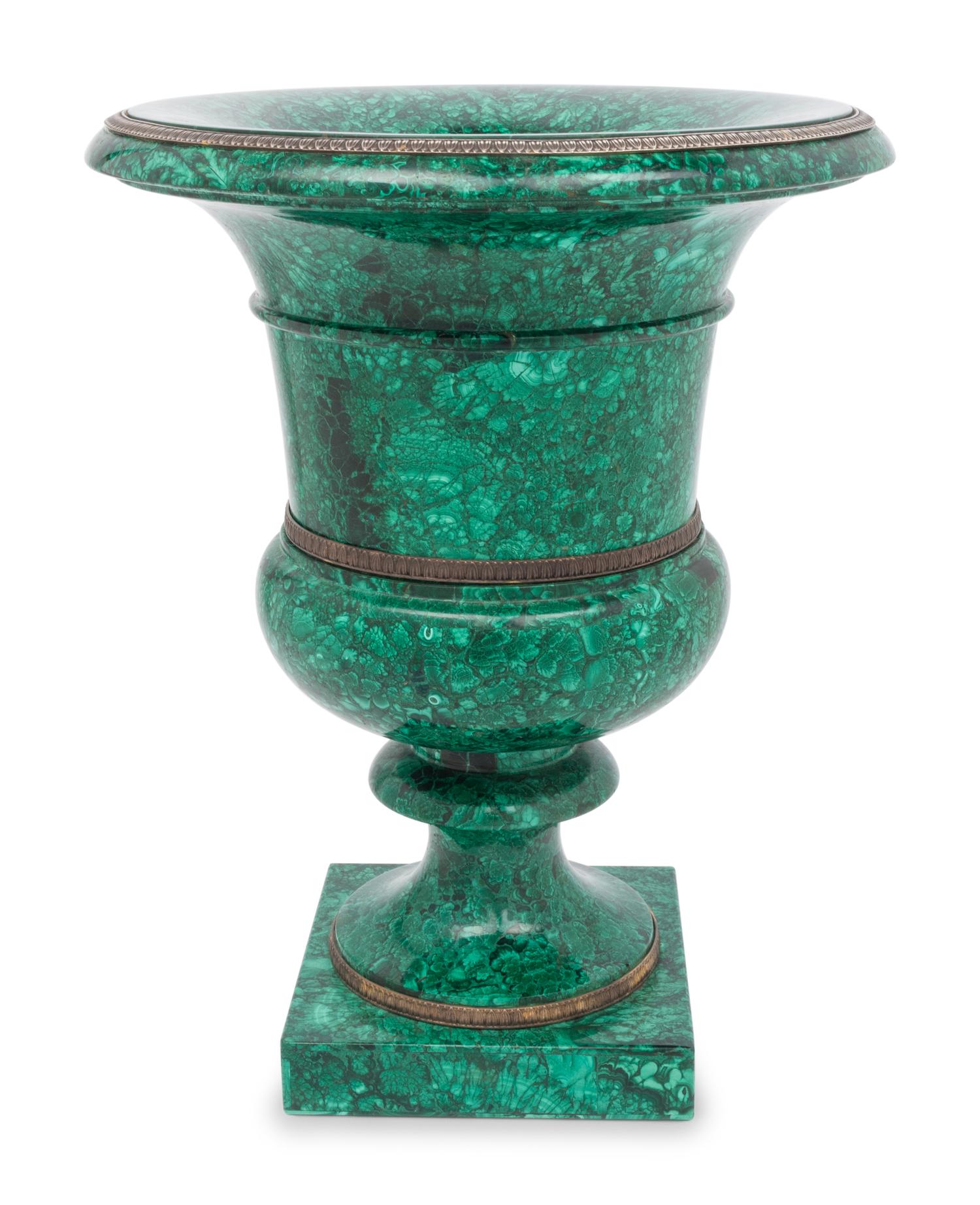 A Neoclassical Malachite Veneered Campagna-Form Urn