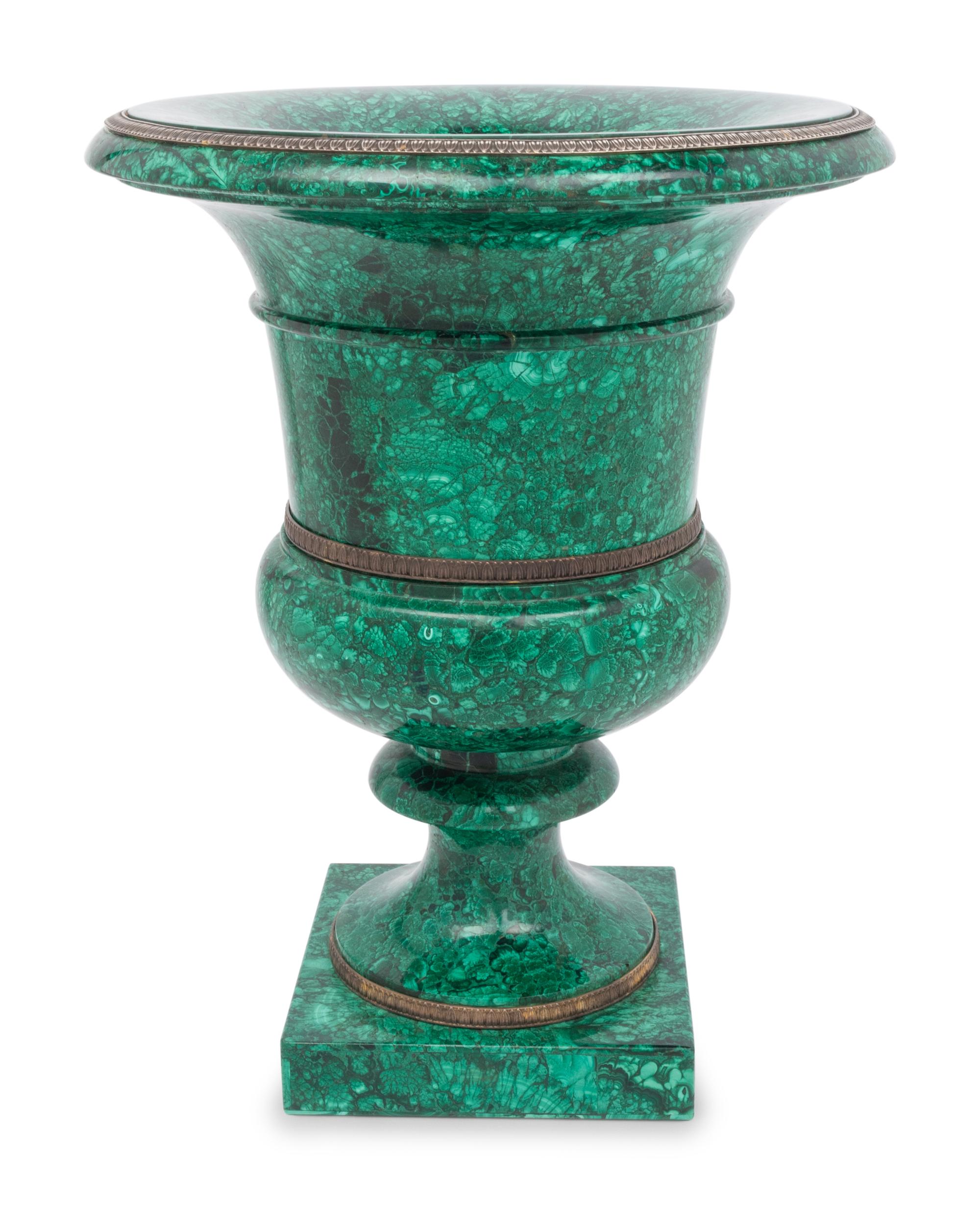 A Neoclassical Malachite Veneered Campagna-Form Urn