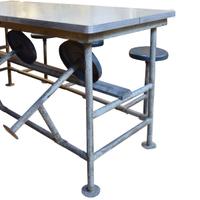 A Industrial Iron and Steel Table with Stools 72" W x 57" D x 34.5" H (table is 30" D) — United States, Circa 1940