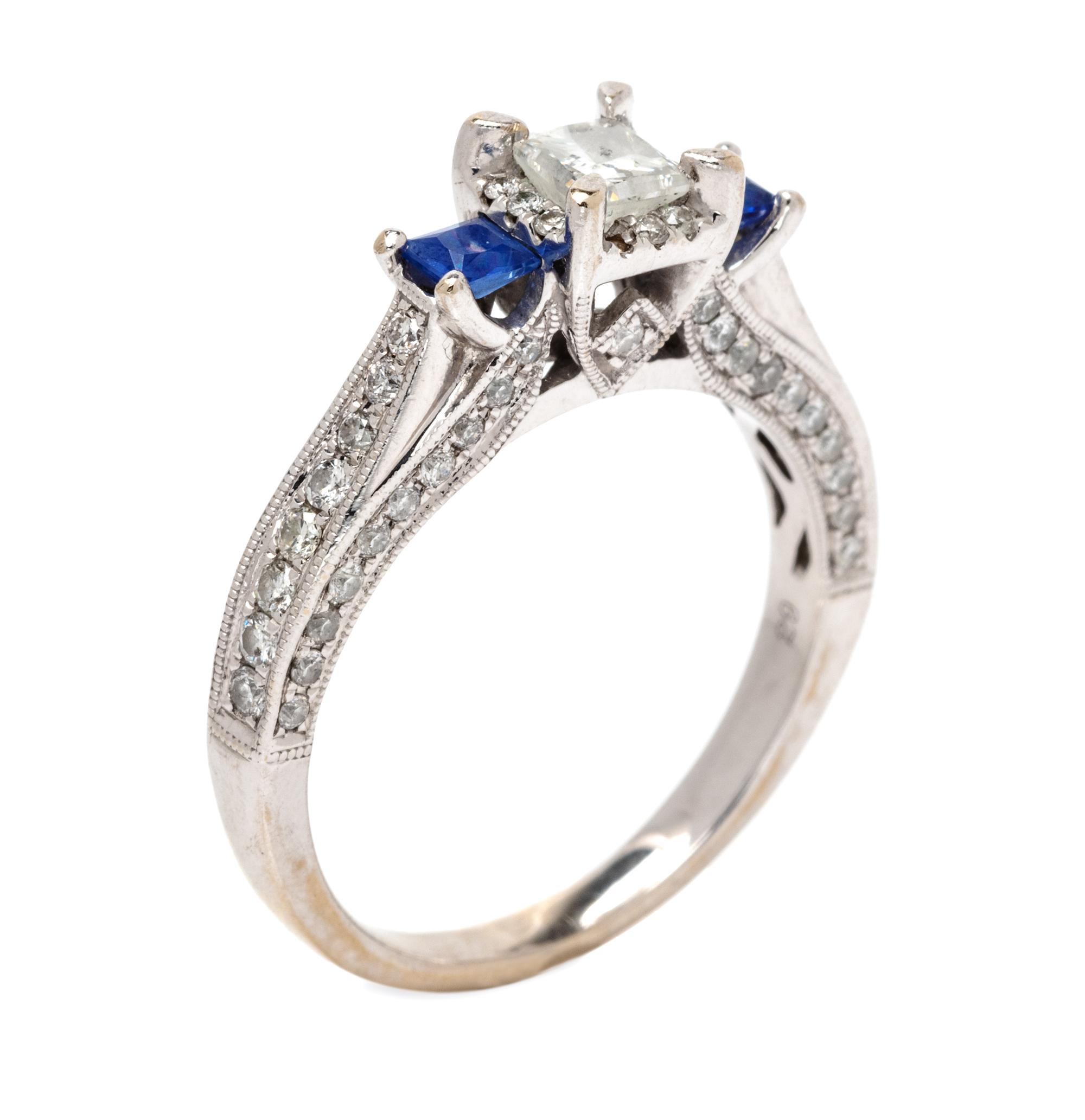 A 14 Karat White Gold, Diamond and Sapphire Ring,