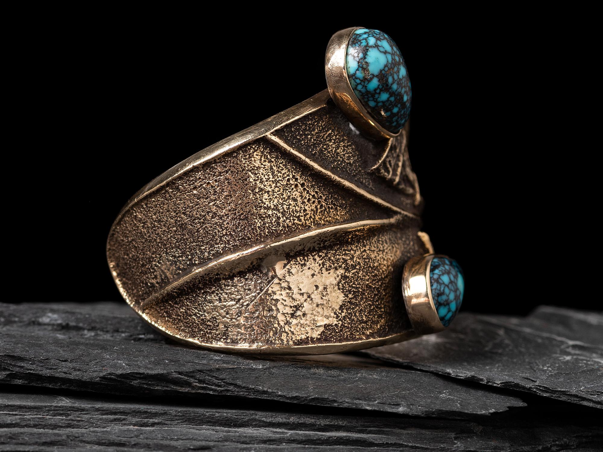 Tufa Cast 14K Gold and Lander Blue Turquoise Cuff Bracelet