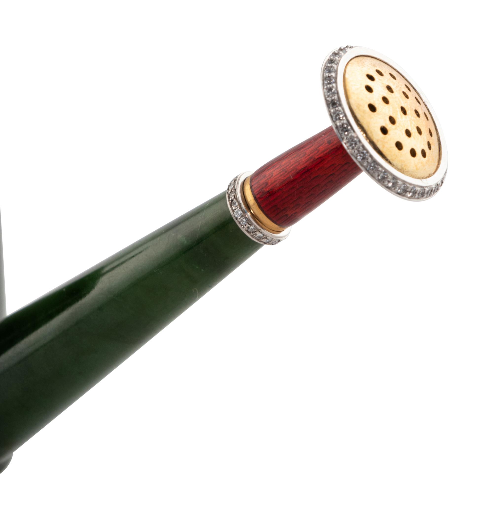 A Carved Jade, Guilloche Enamel and Diamond-Mounted Watering Can
