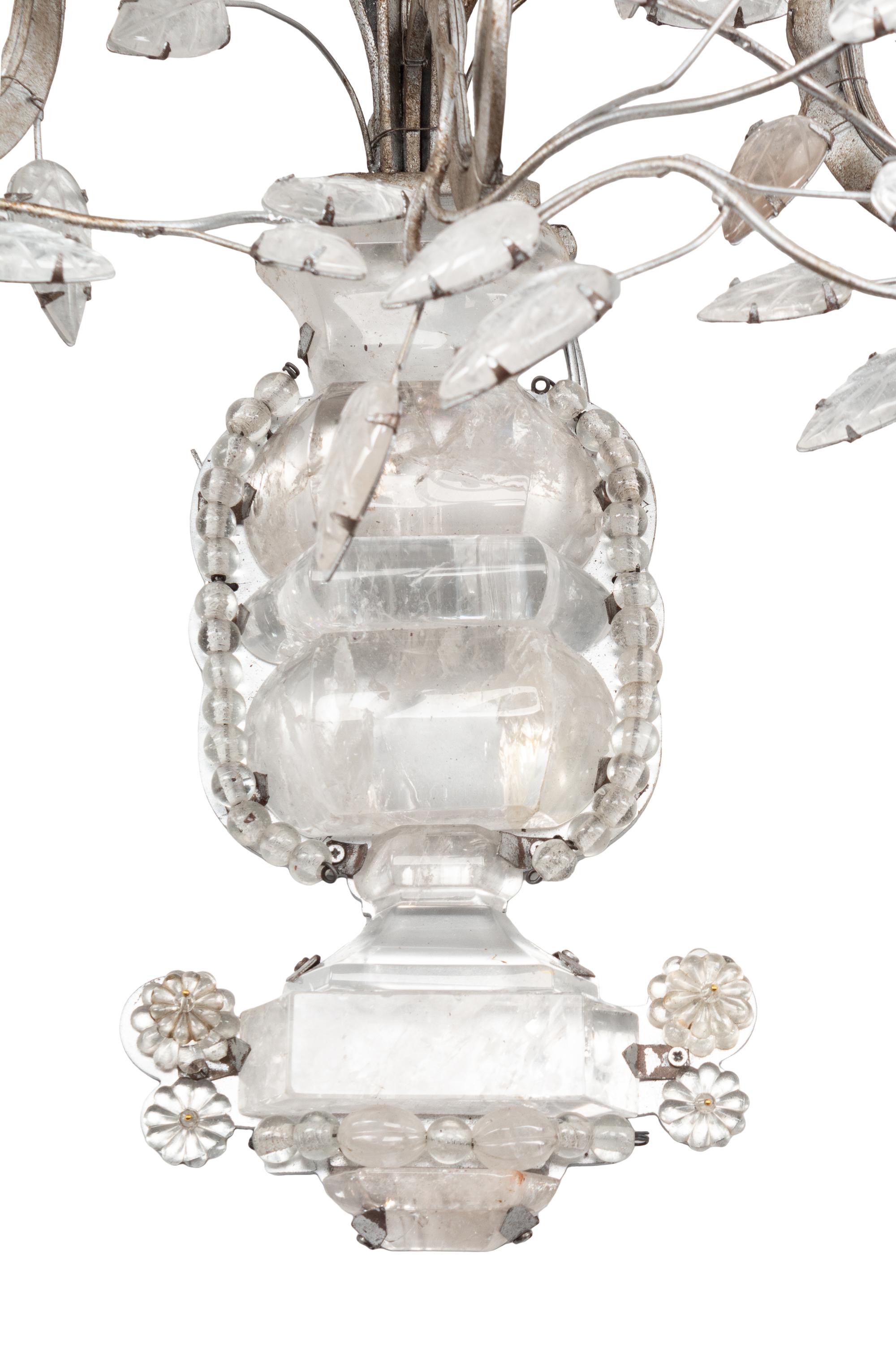 A Set of Four Maison Baguès-Style Rock Crystal and Silvered Metal Five-Arm Sconces