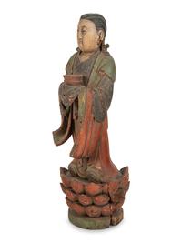 A Chinese Carved Wood Standing Figure with Polychrome Decoration