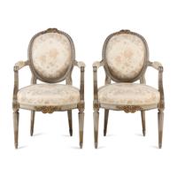 A Pair of Louis XVI Style Gray-Painted and Parcel-Gilt Armchairs