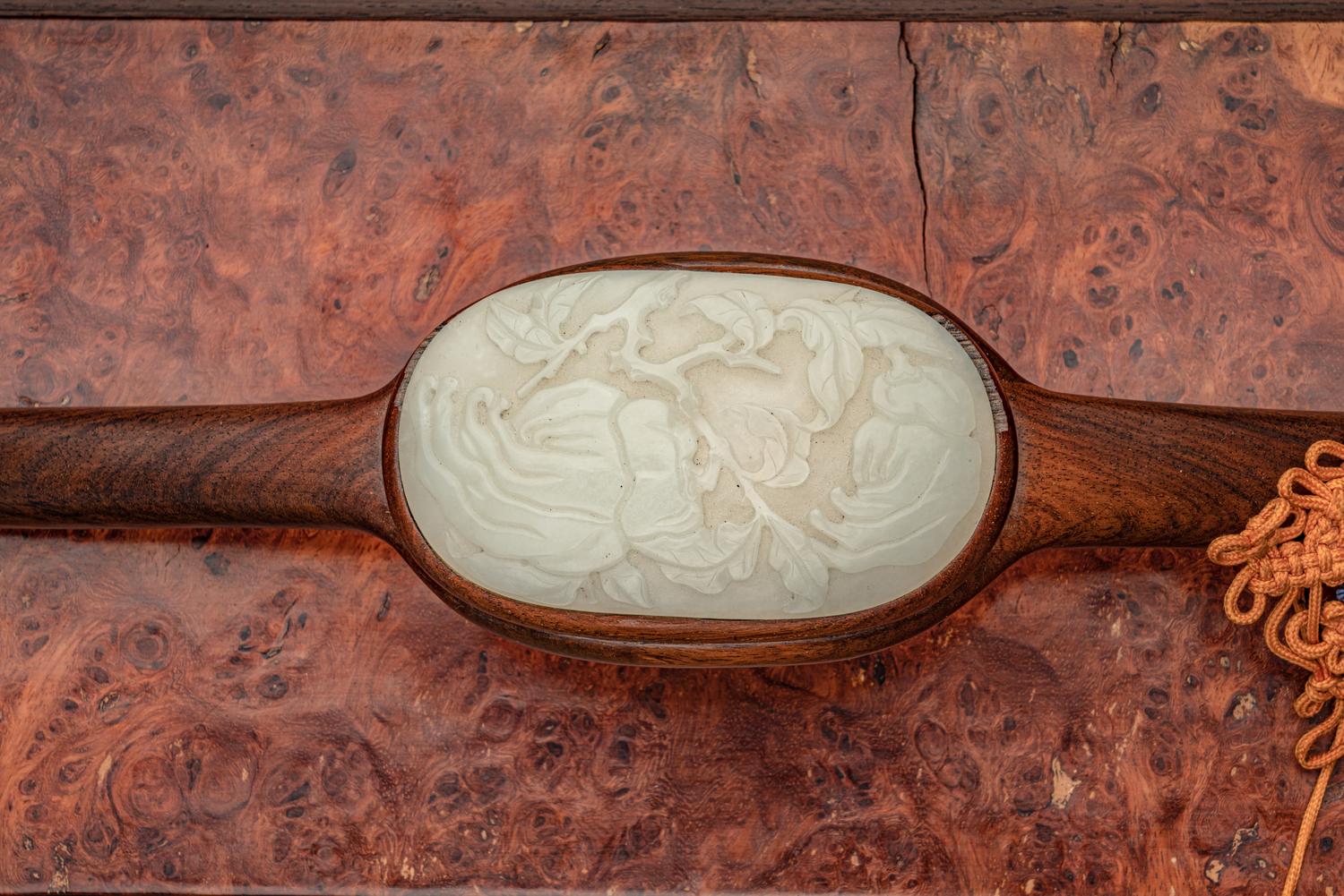 A Large White Jade Inset Hardwood Ruyi Scepter