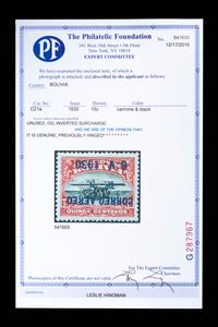 [SURCHARGE ERROR] BOLIVIA. Airmail. 1930. 15c. Carmine & Black with Violet Surcharge, (#C21a), Inverted Surcharge