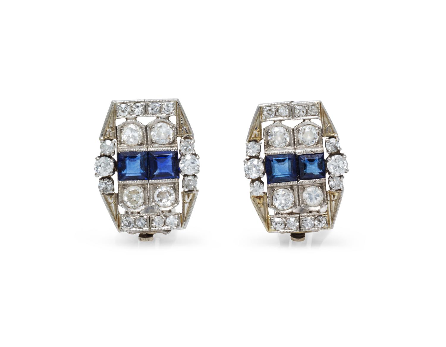 A Pair of Platinum, Sapphire and Diamond Earclips, 4.20 dwts.