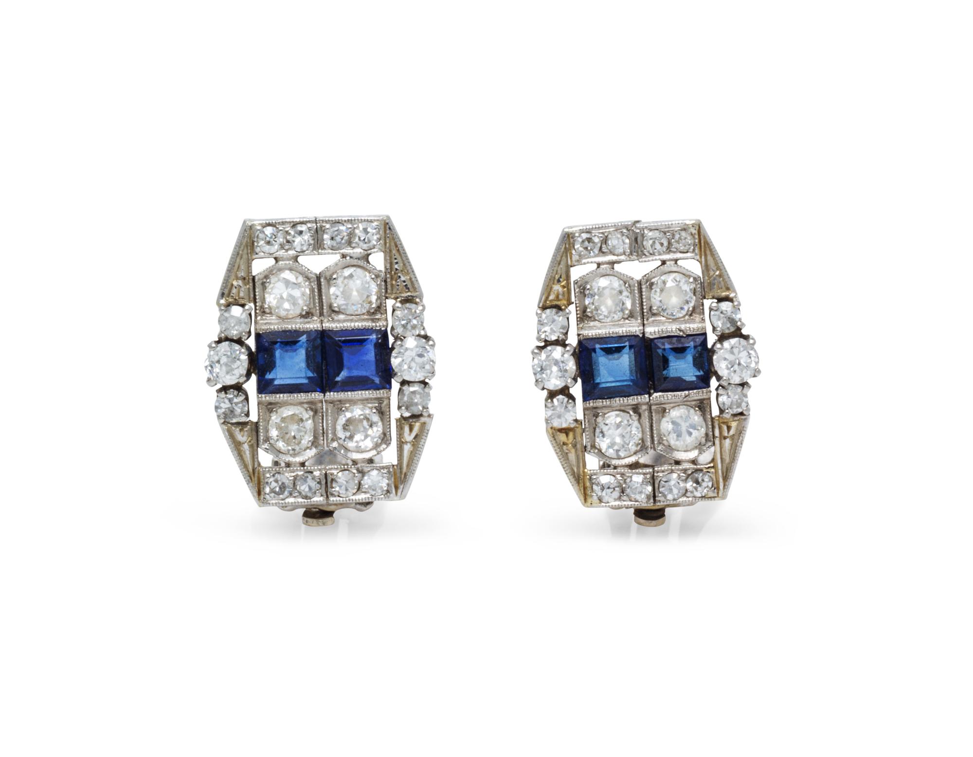 A Pair of Platinum, Sapphire and Diamond Earclips, 4.20 dwts.
