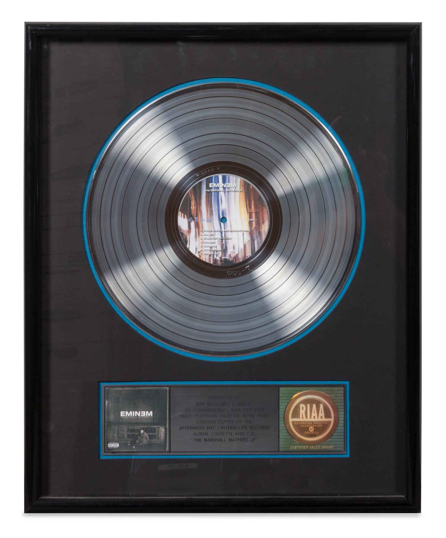 An Eminem: The Marshall Mathers LP RIAA Certified 5x Platinum Presentation Album 21 x 17 inches.