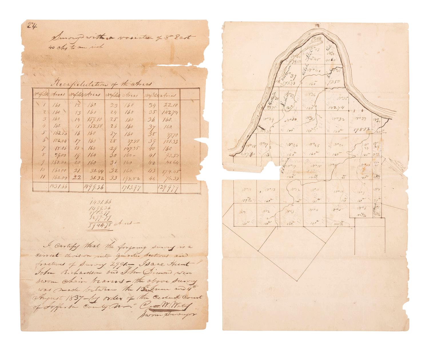 [WESTERN AMERICANA]. Manuscript survey of 6,000 acres near St. Louis owned by descendants of early Missouri settlers and brothers-in-law, Auguste Chouteau and Antoine Soulard, 1837.