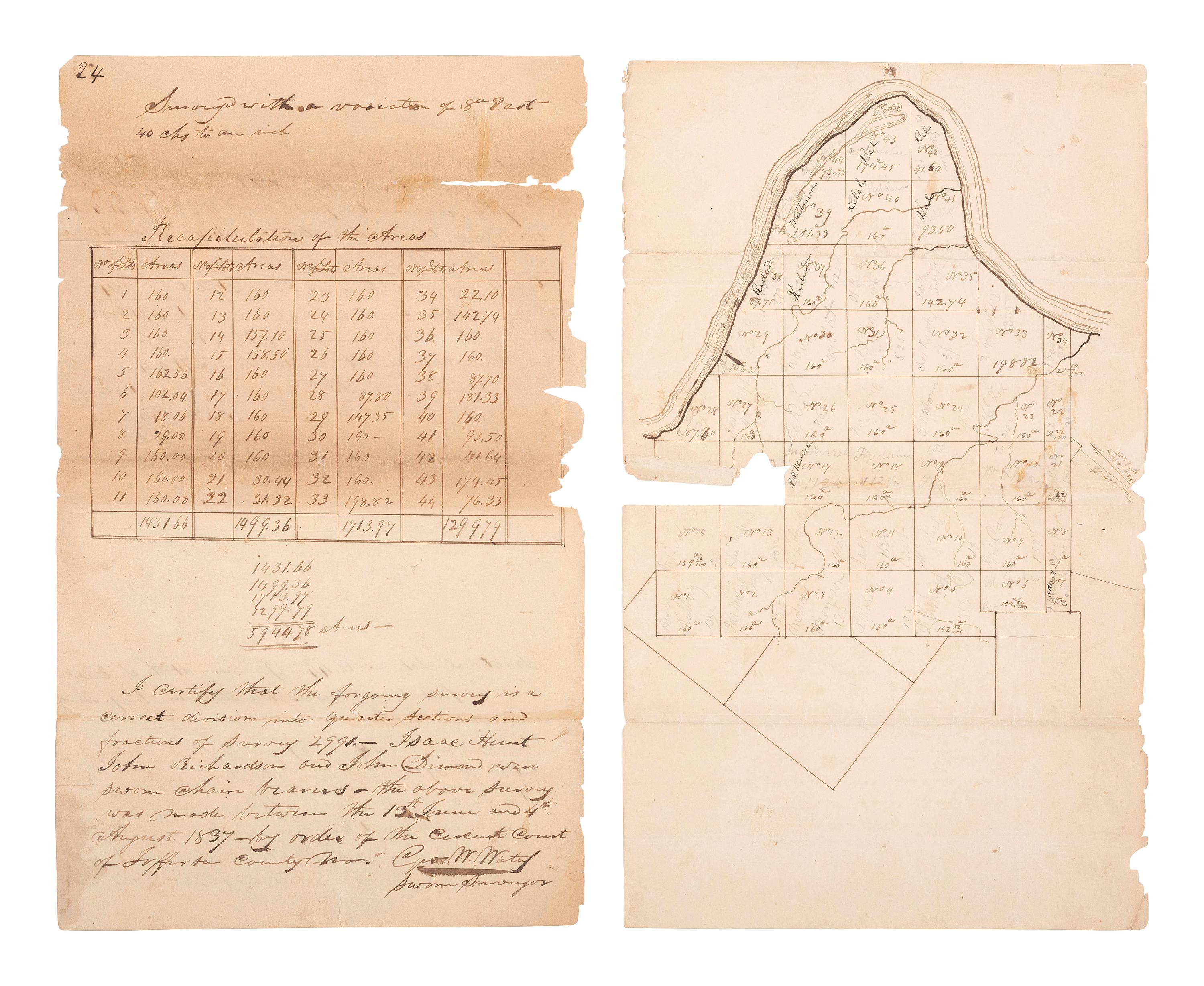 [WESTERN AMERICANA]. Manuscript survey of 6,000 acres near St. Louis owned by descendants of early Missouri settlers and brothers-in-law, Auguste Chouteau and Antoine Soulard, 1837.