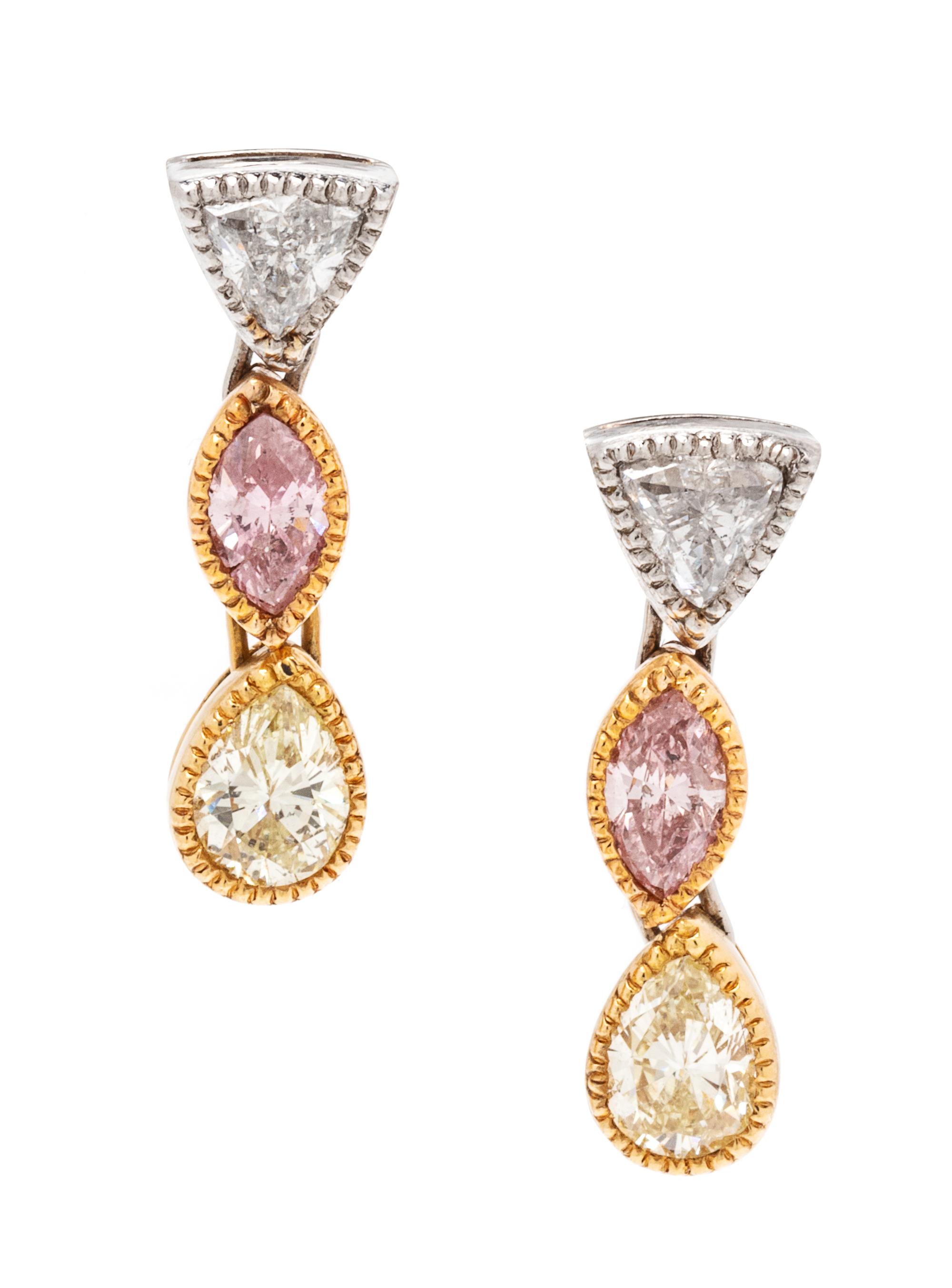 A Pair of Bicolor Gold, Platinum, Diamond and Colored Diamond Earrings, 3.00 dwts.