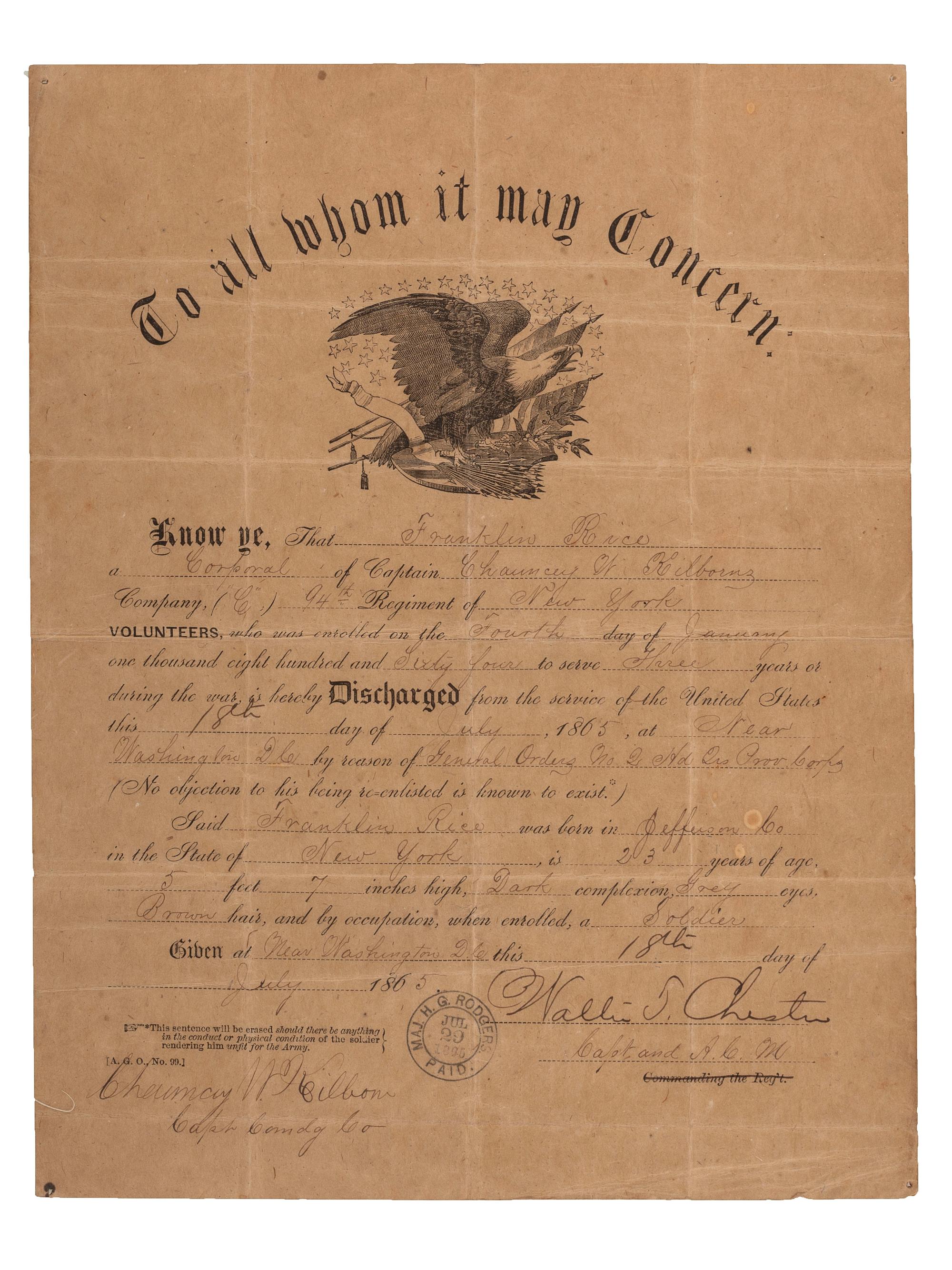 [CIVIL WAR]. War-date letter and discharge document from Franklin Rice, Jr. of the 94th New York Infantry.