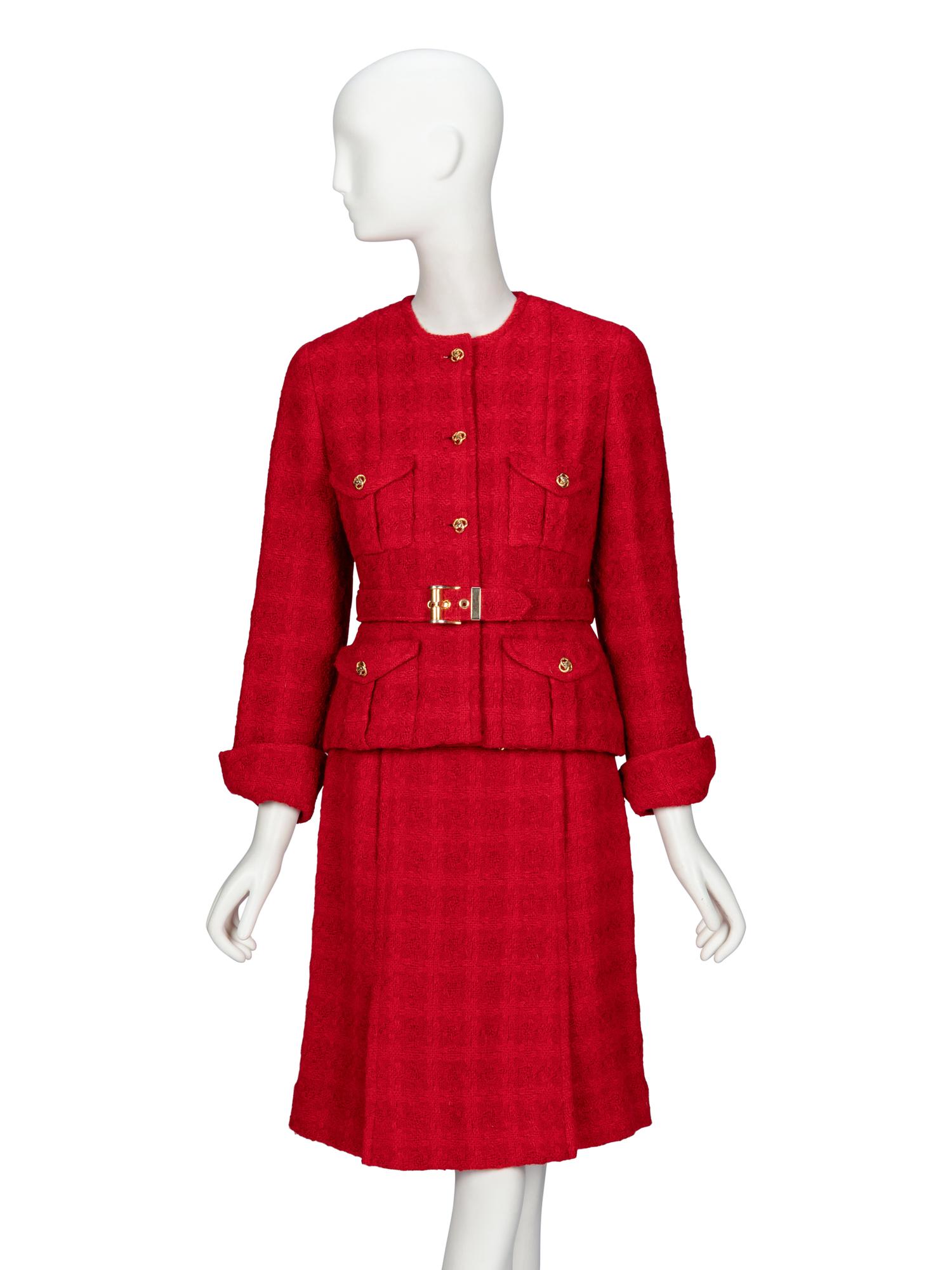 Chanel, Red Bouclé Tweed Skirt Suit