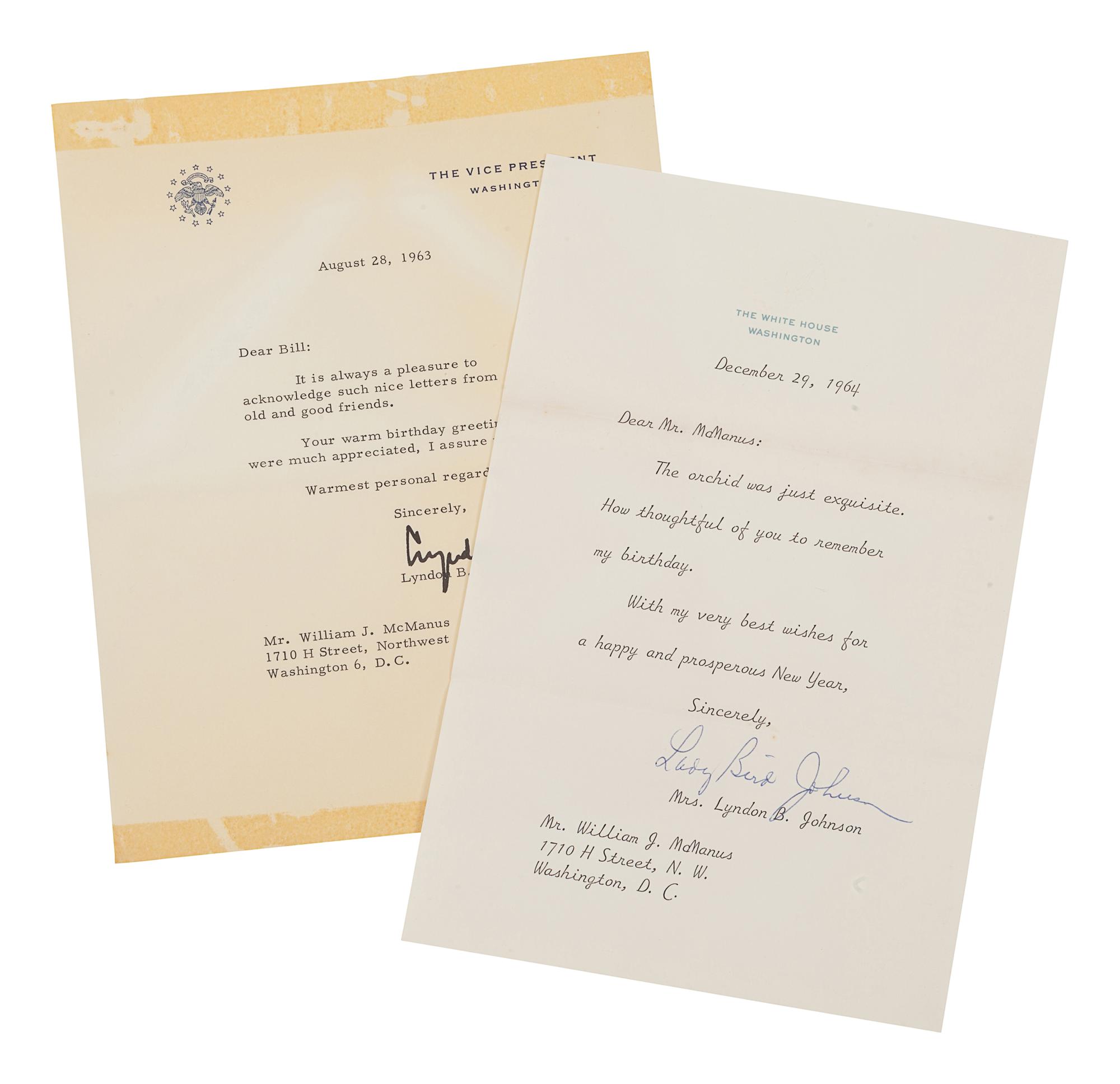 JOHNSON, Lyndon B. (1908-1973). Typed letter signed (“Lyndon”), as Vice President, to William J. McManus. Washington D.C., 28 April 1963. 1 page, 8vo, on Vice President stationary, with envelope, toning, adhesive residue to upper and lower margins.