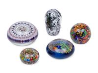 A Group of Five Millefiori Glass Paperweights