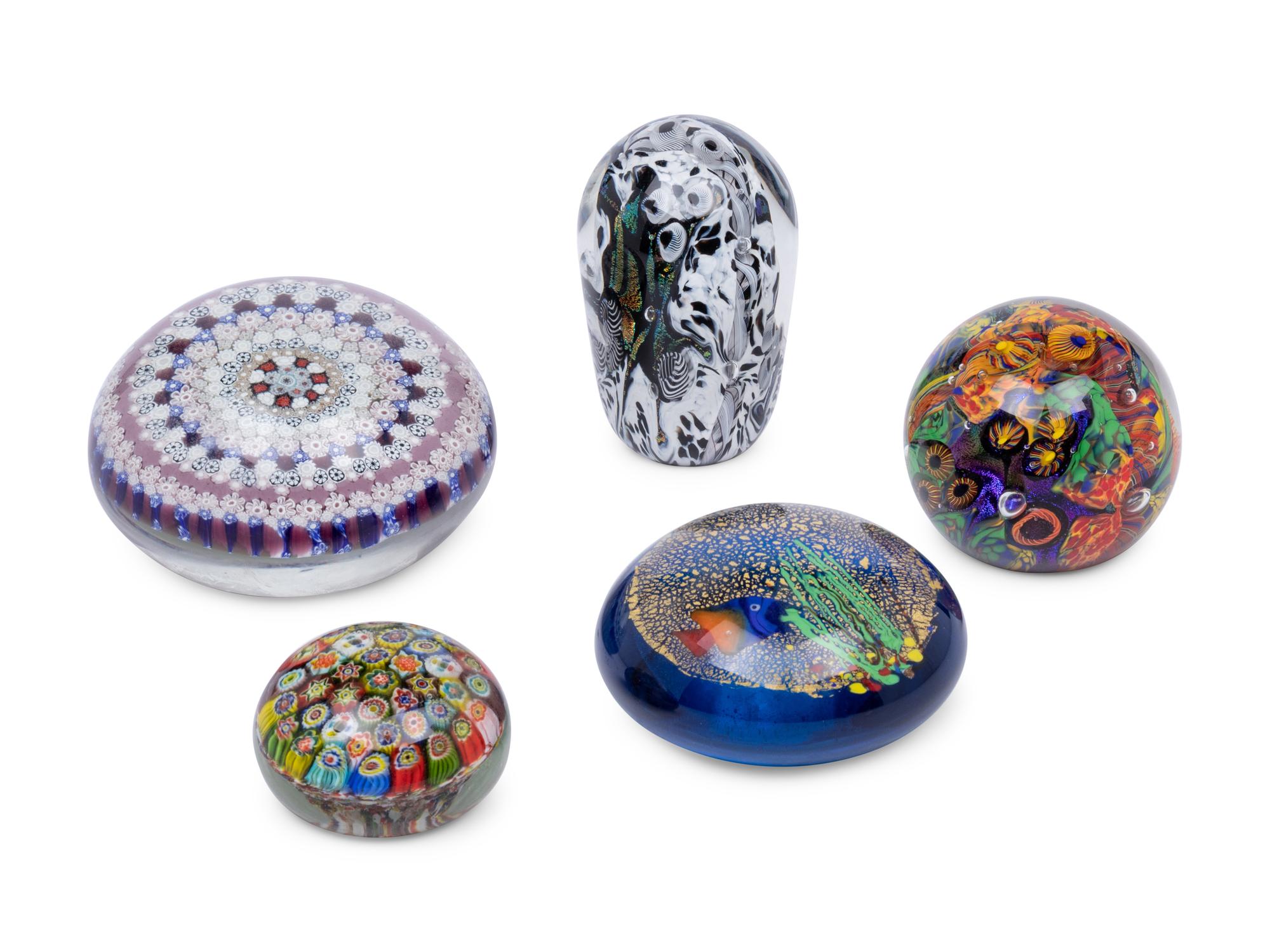 A Group of Five Millefiori Glass Paperweights