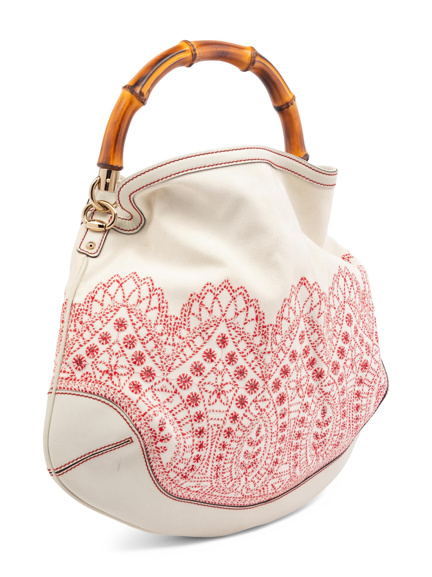 Gucci Bamboo Handle Embroidered Hobo Bag