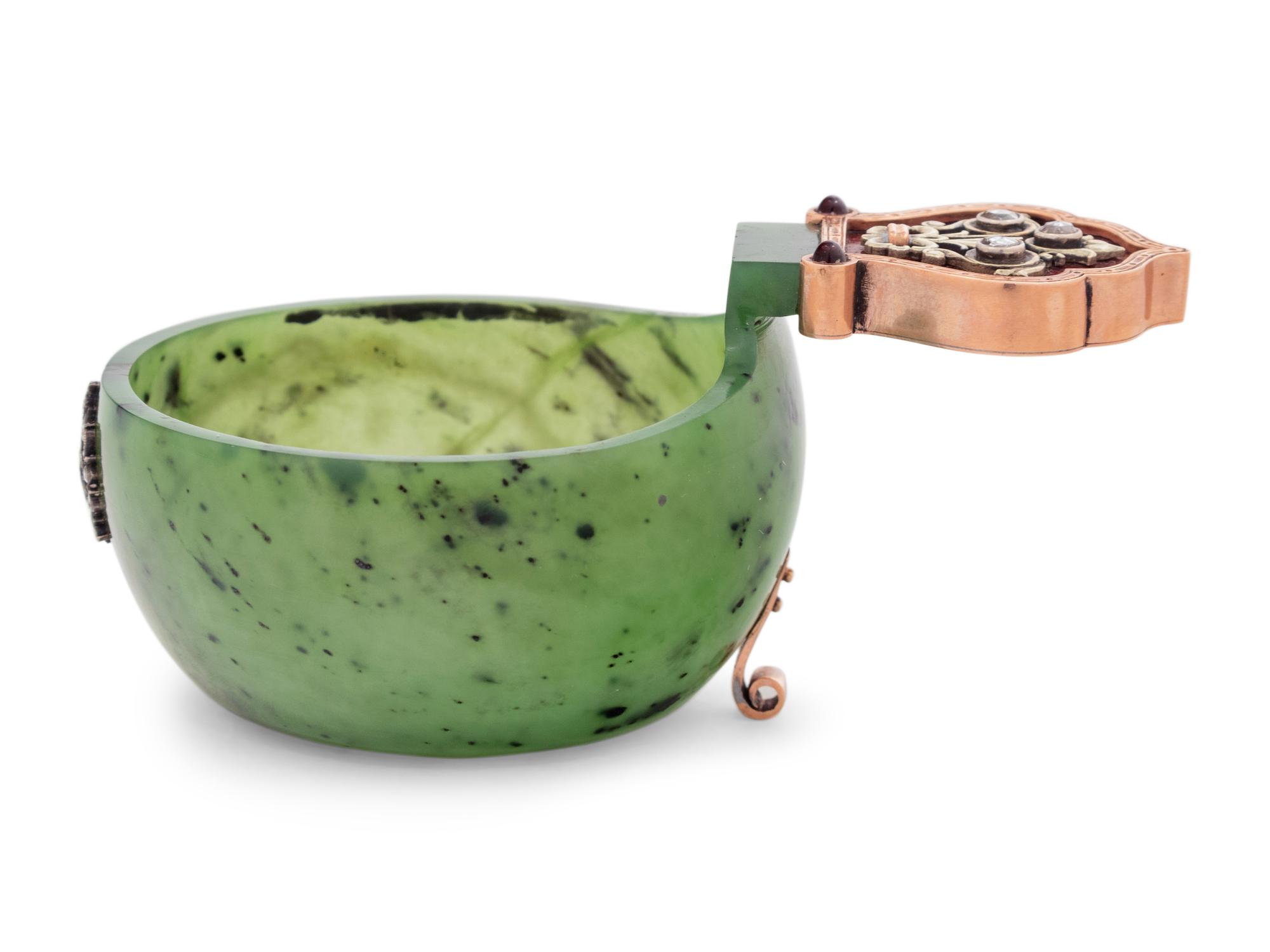 A Russian 14-Karat Gold, Enamel, Diamond and Paste Mounted Jade Kovsh