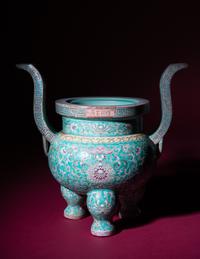 A Turquoise Ground Famille Rose Porcelain Incense Burner