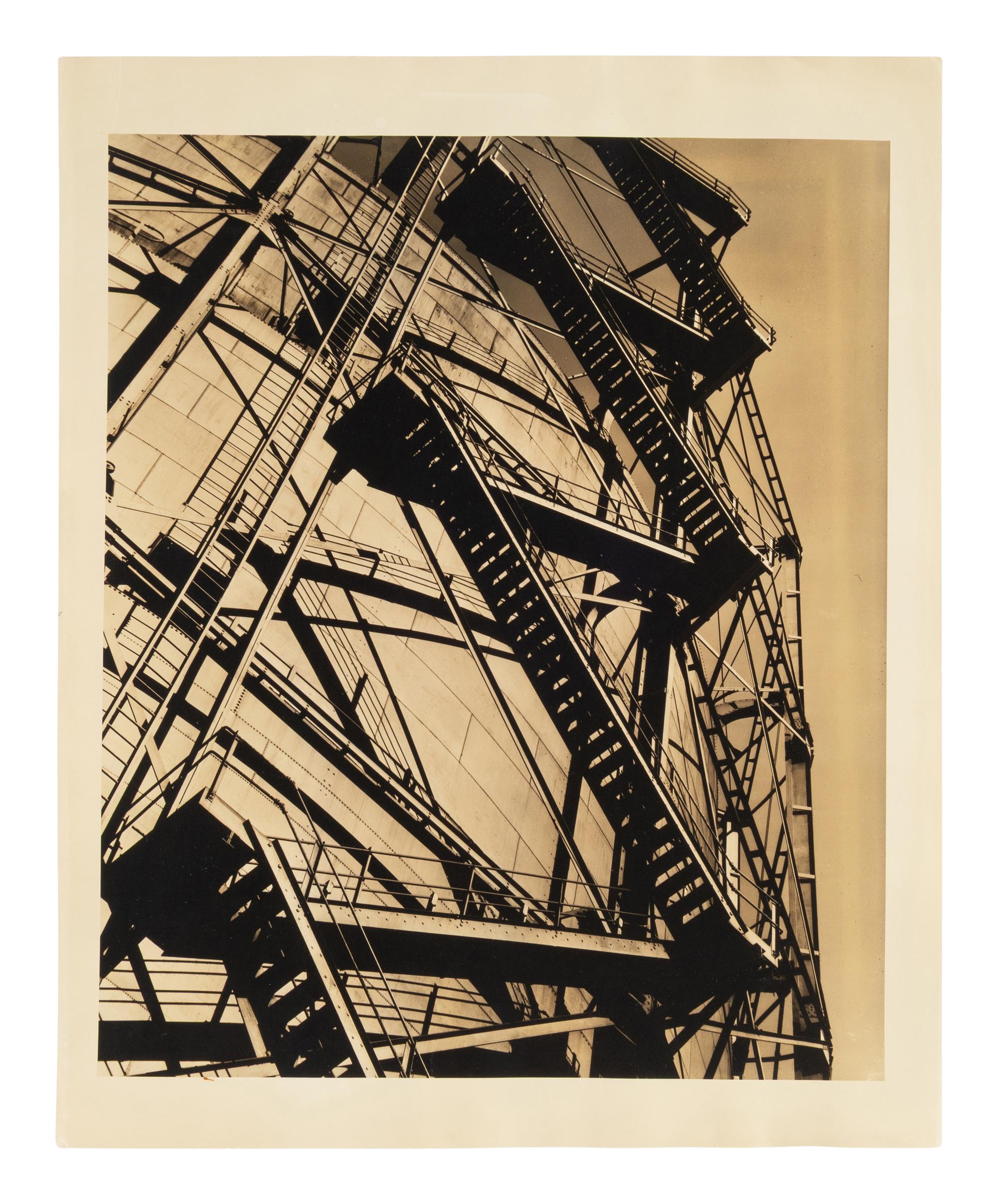 A group of five works ( Spools; Peter Lorre; #5; Model Standing in Rocks; Stairway Up Fuel Storage Tank )
