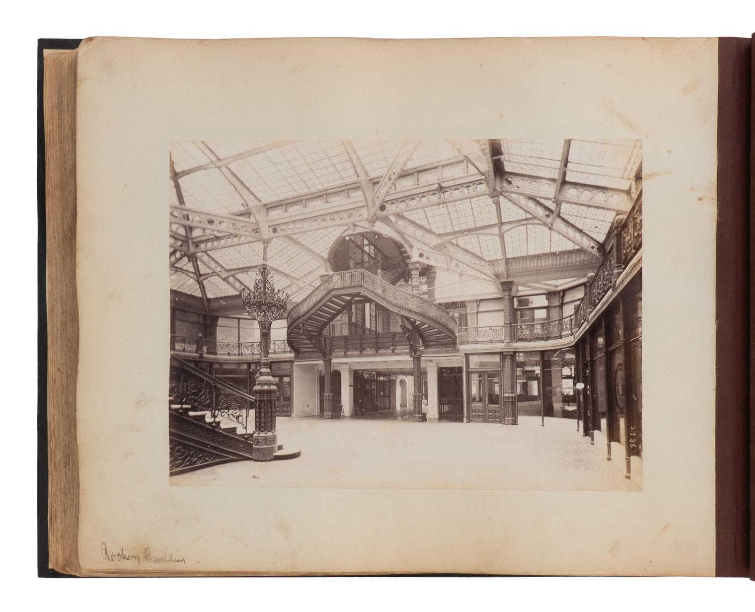 [CHICAGO]. TAYLOR, John W. (1846-1918), photographer. An album containing 154 albumen photographs of Chicago by a noted photographer, including important architectural images, as well as images relating to the preparations for the 1893 World's fair, the stockyards as described by Upton Sinclair, and more. Chicago, ca 1890.