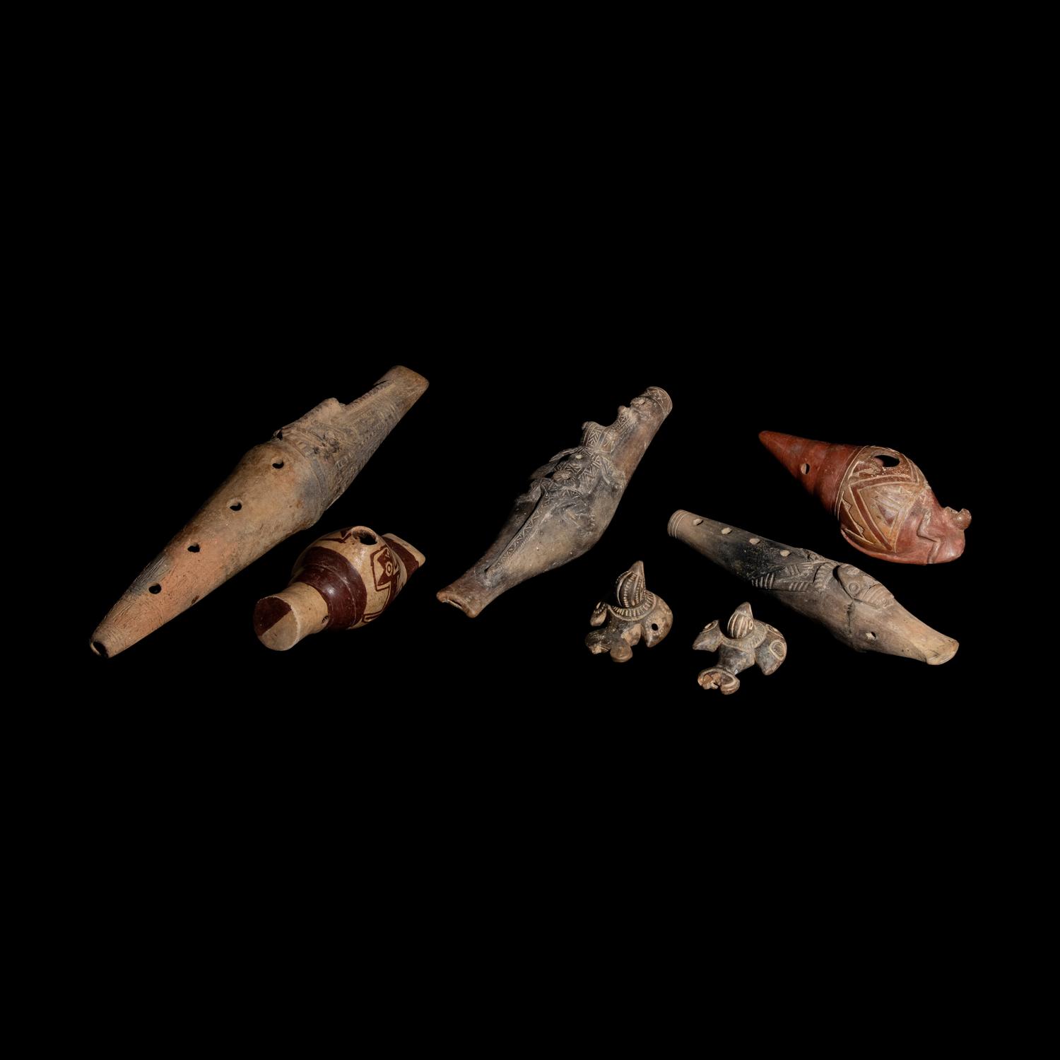 Seven Nariño, Tairona, and Sinu Terracotta Flutes (Ocarinas)
