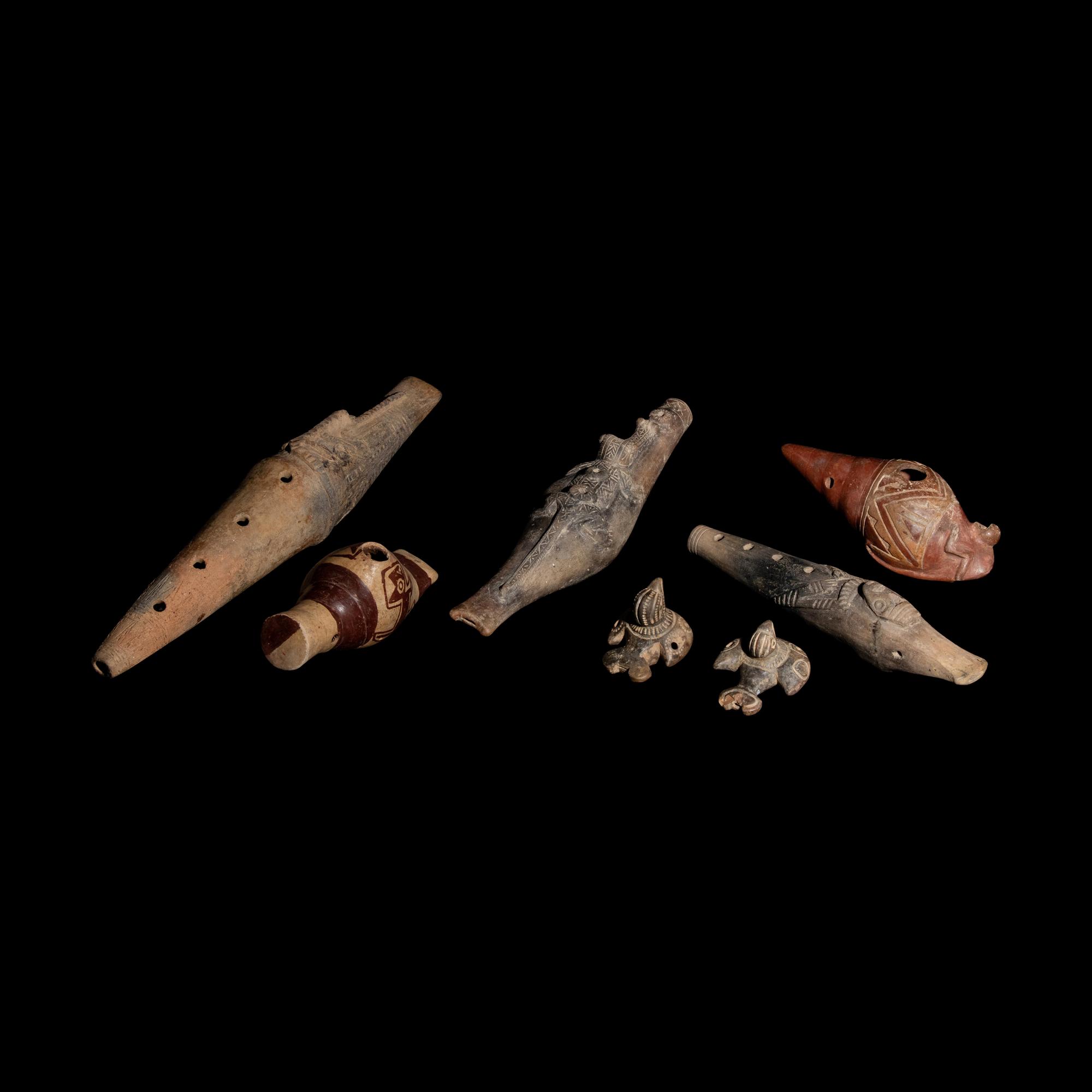 Seven Nariño, Tairona, and Sinu Terracotta Flutes (Ocarinas)