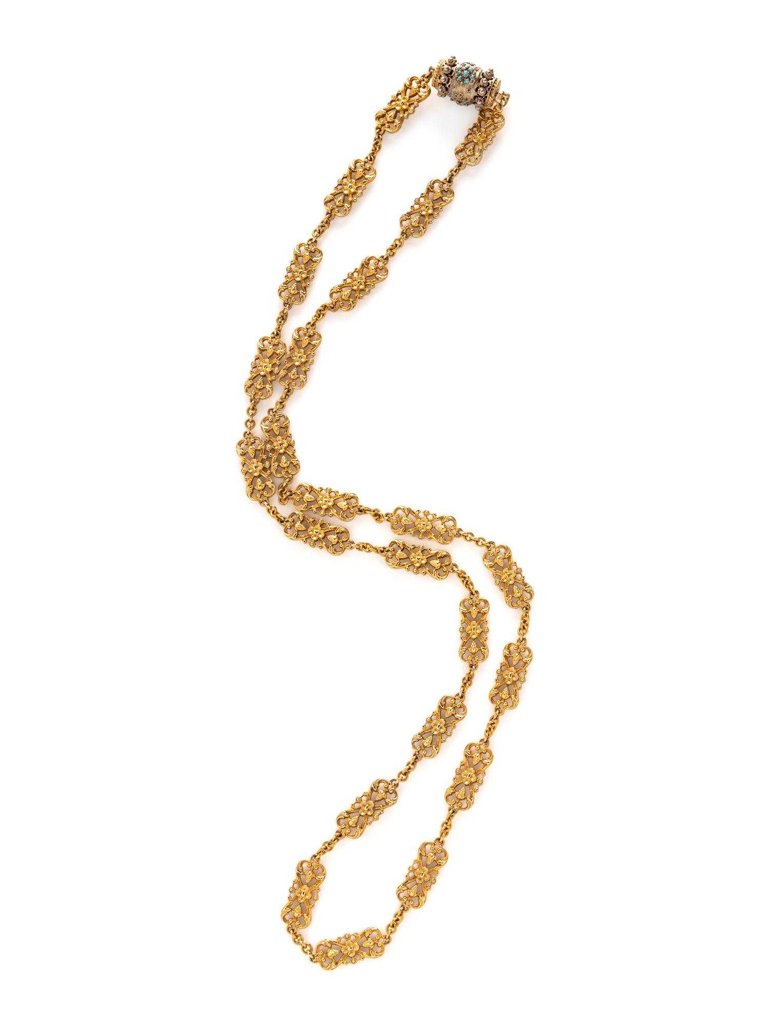 YELLOW GOLD AND TURQUOISE FANCY LINK CHAIN NECKLACE