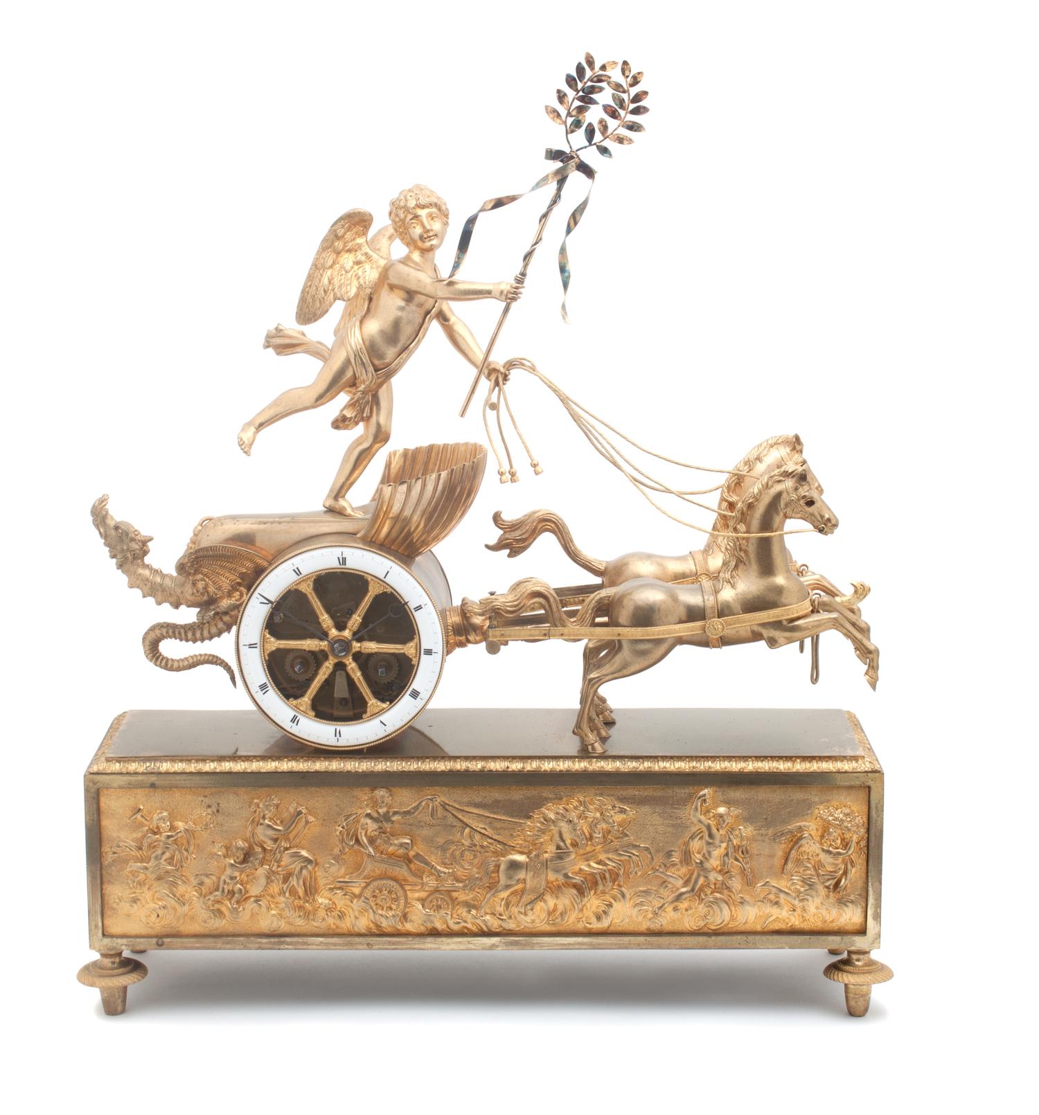 A Continental Gilt Bronze Figural Mantle Clock Width 19 inches. — 19TH/20TH CENTURY