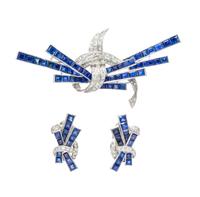 A 14 Karat White Gold, Sapphire and Diamond Demi-Parure, 15.80 dwts.