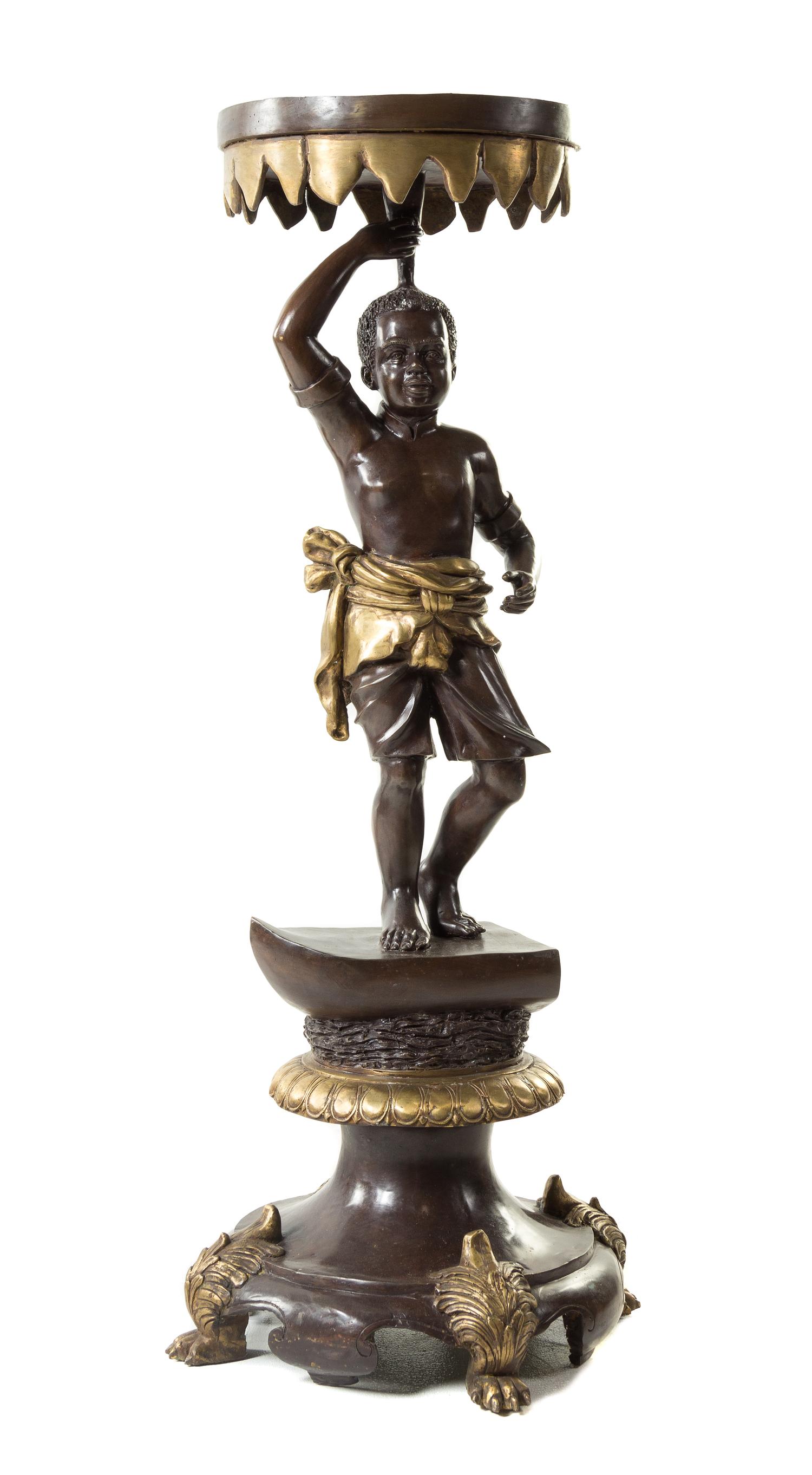A Venetian Style Gilt and Patinated Bronze Figural Pedestal Height 47 x diameter of top 13 7/8 inches. — 20TH CENTURY